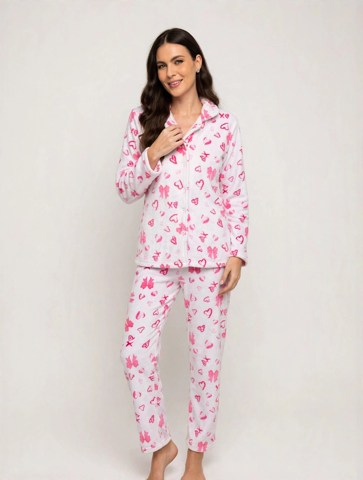 Women's Fleece Button-Up Pajama Set – Pink (AS01#)