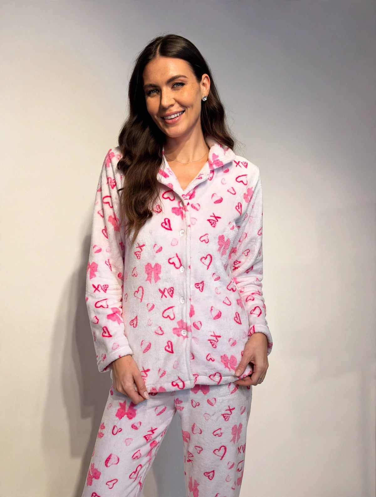 Women's Fleece Button-Up Pajama Set – Pink (AS01#)