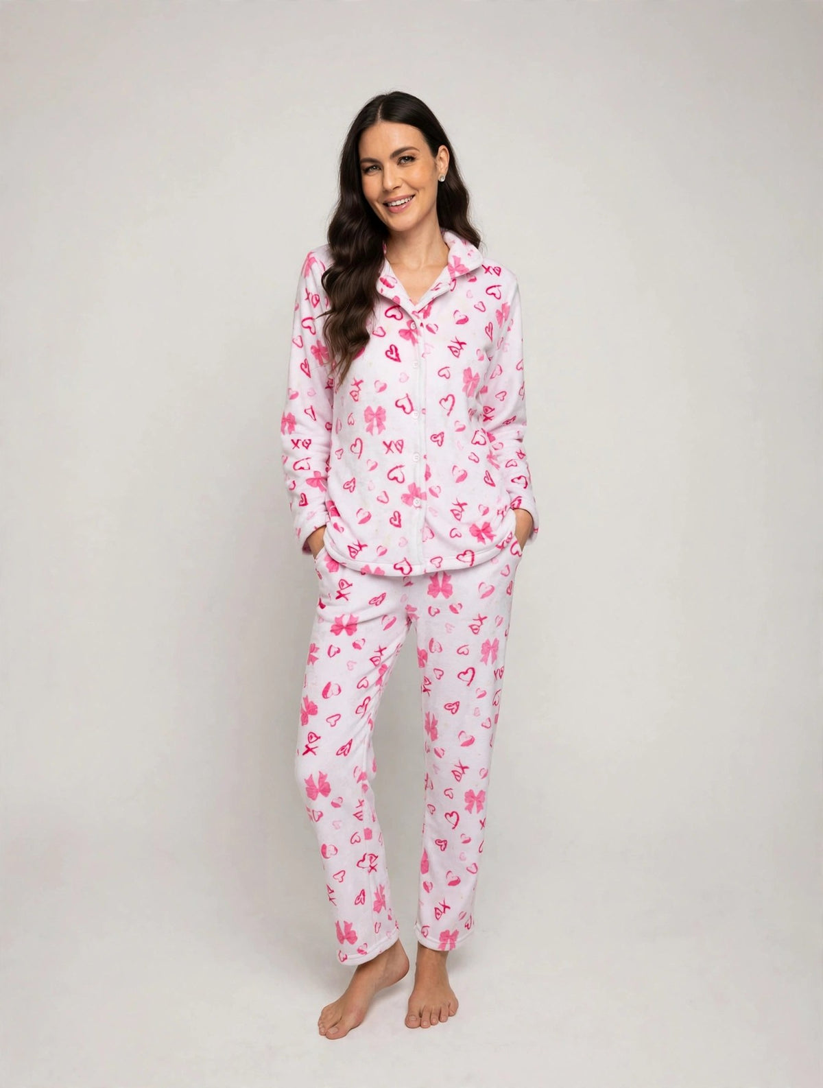 Women's Fleece Button-Up Pajama Set – Pink (AS01#)