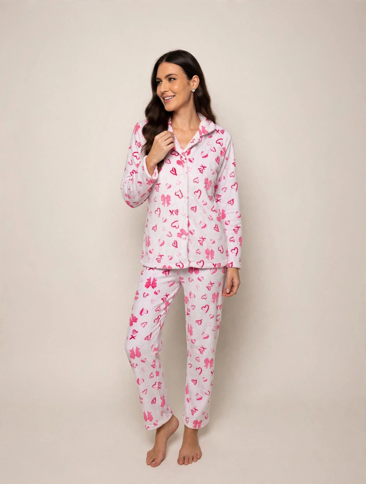 Women's Fleece Button-Up Pajama Set – Pink (AS01#)