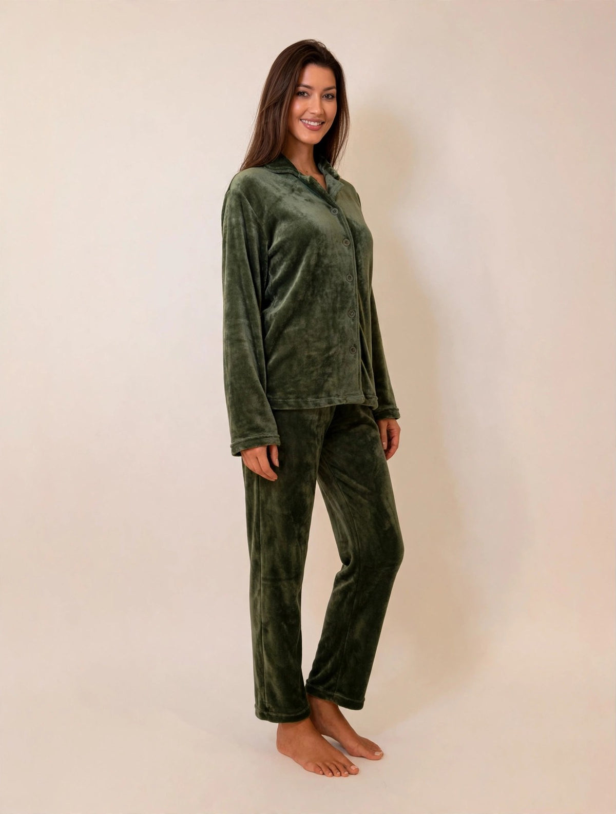 Women's Fleece Button-Up Pajama Set – Olive (AS02#)