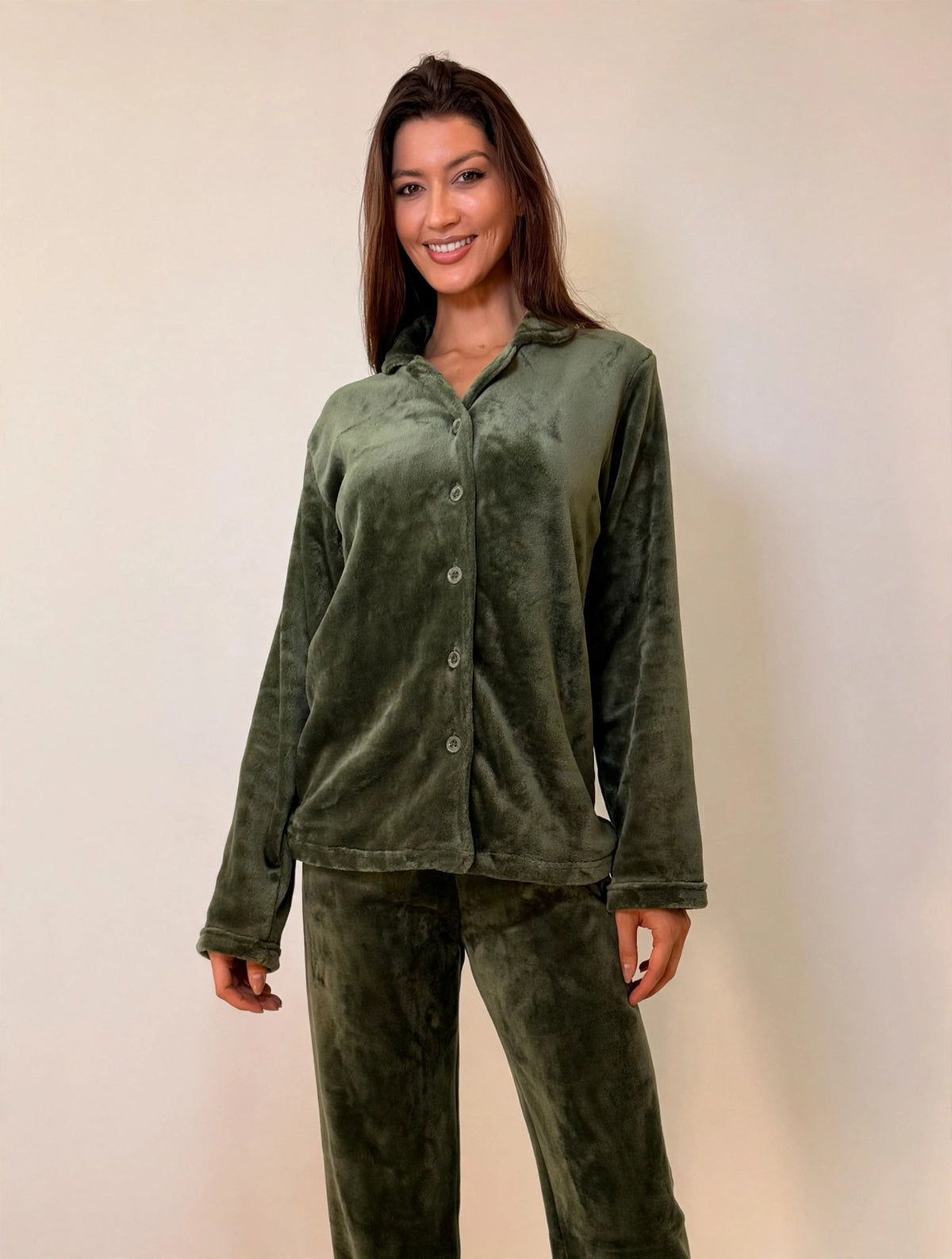 Women's Fleece Button-Up Pajama Set – Olive (AS02#)