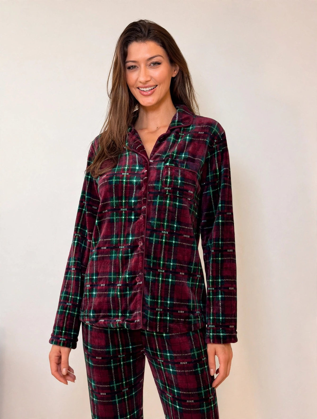Women's Fleece Button-Up Pajama Set – Burgundy / Green Plaid (AS03-1#)