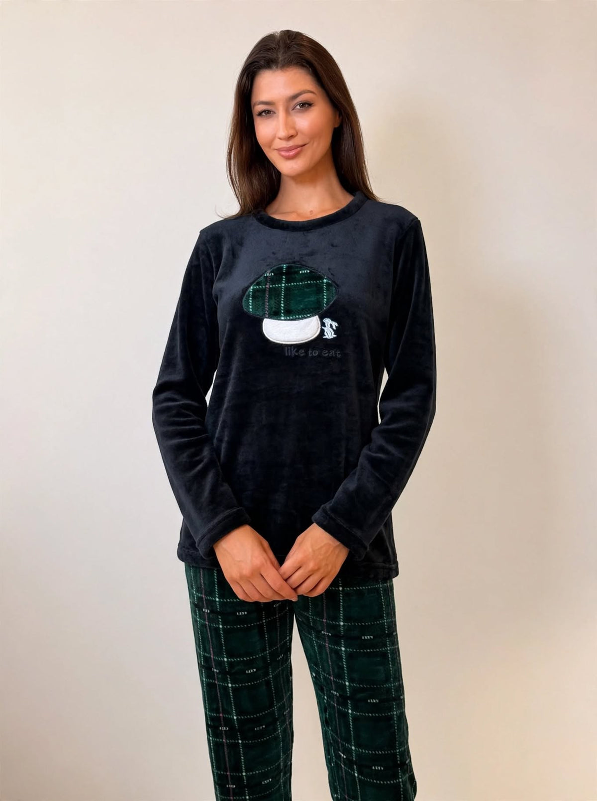 Women's Fleece Pullover Pajama Set – Green / Burgundy Plaid (AS03-2#)
