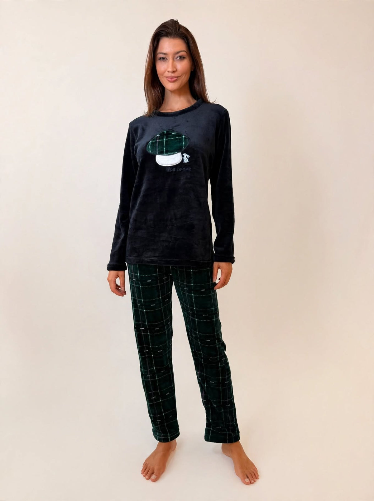 Women's Fleece Pullover Pajama Set – Green / Burgundy Plaid (AS03-2#)