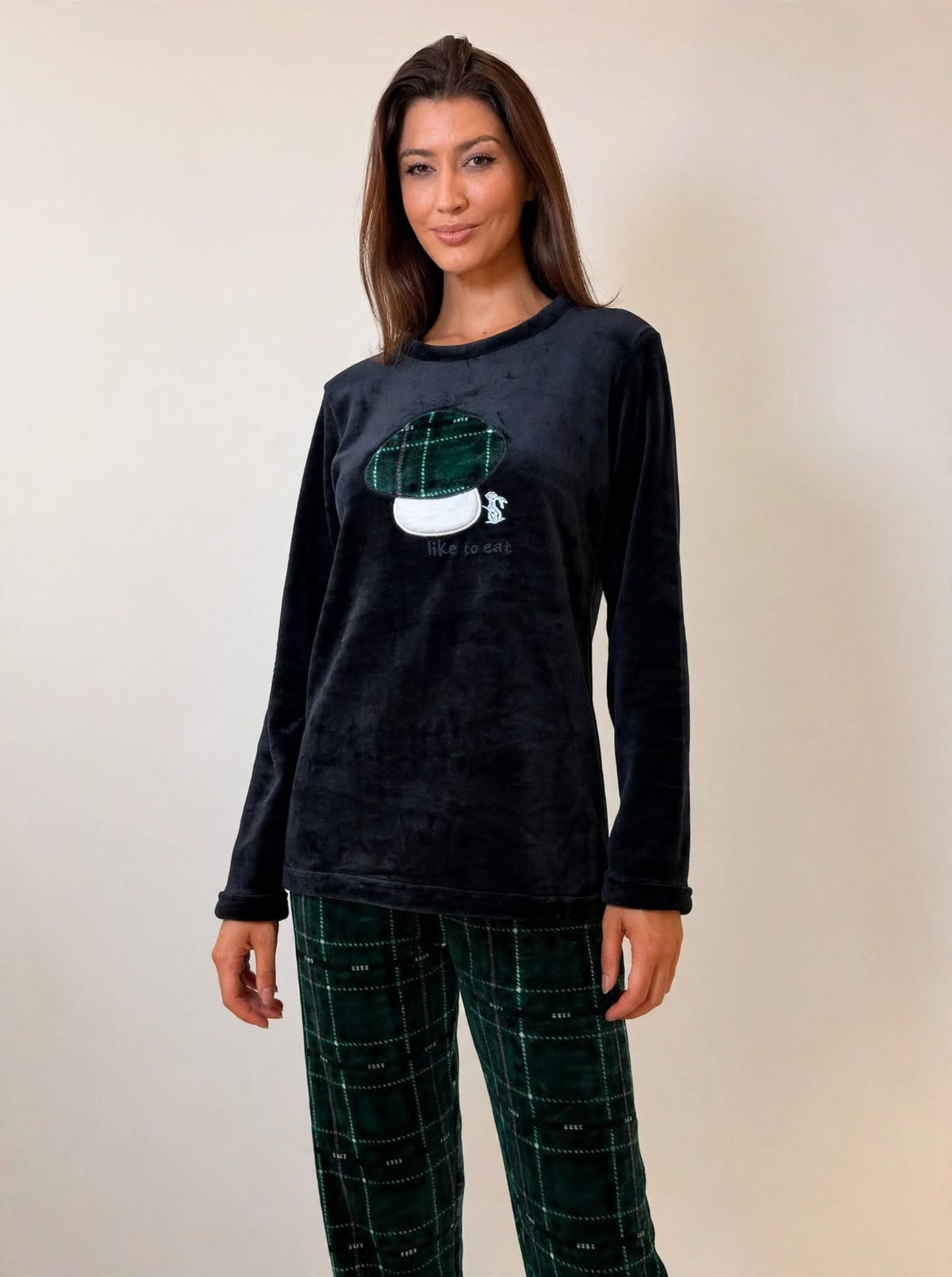 Women's Fleece Pullover Pajama Set – Green / Burgundy Plaid (AS03-2#)