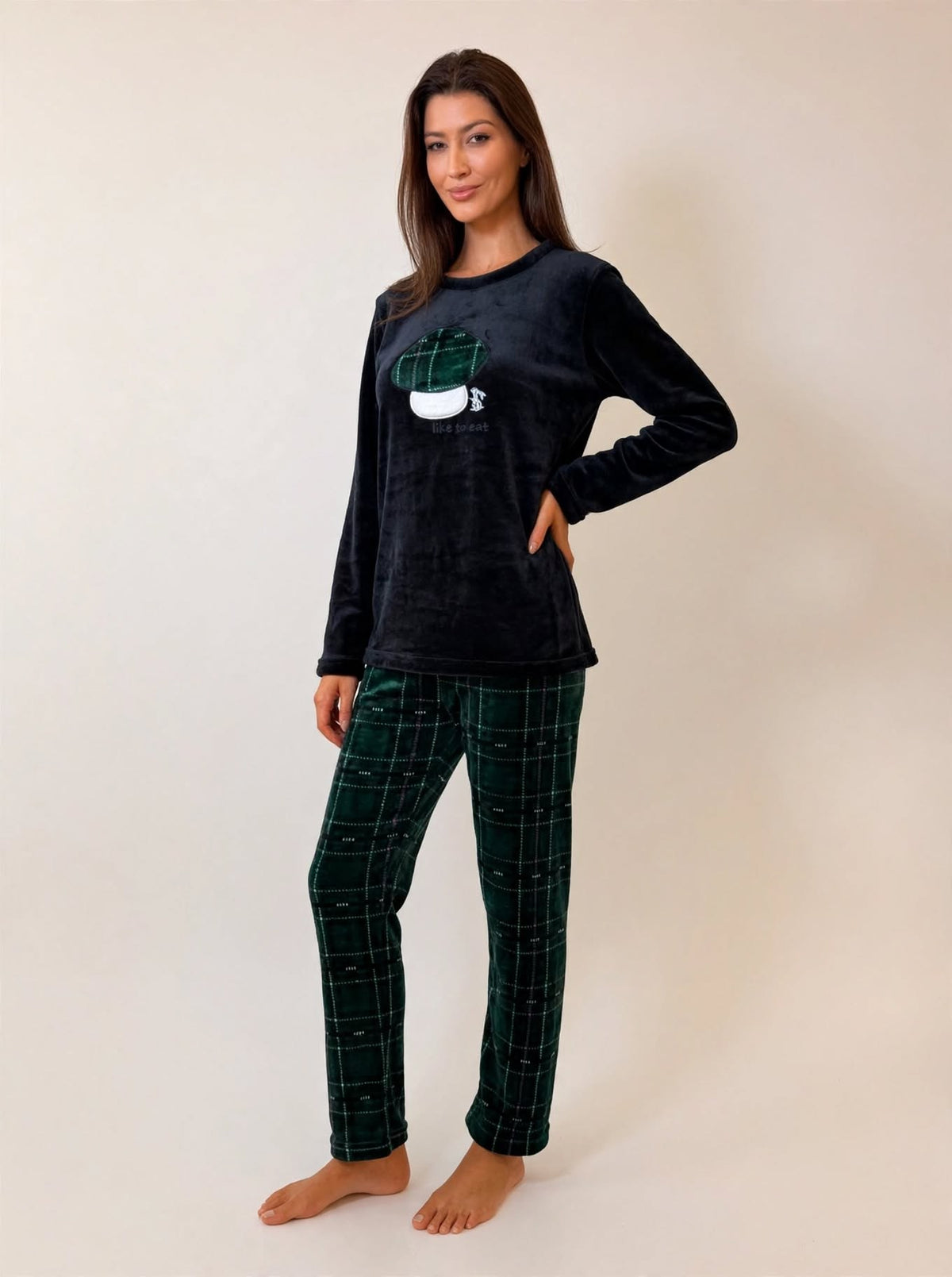 Women's Fleece Pullover Pajama Set – Green / Burgundy Plaid (AS03-2#)