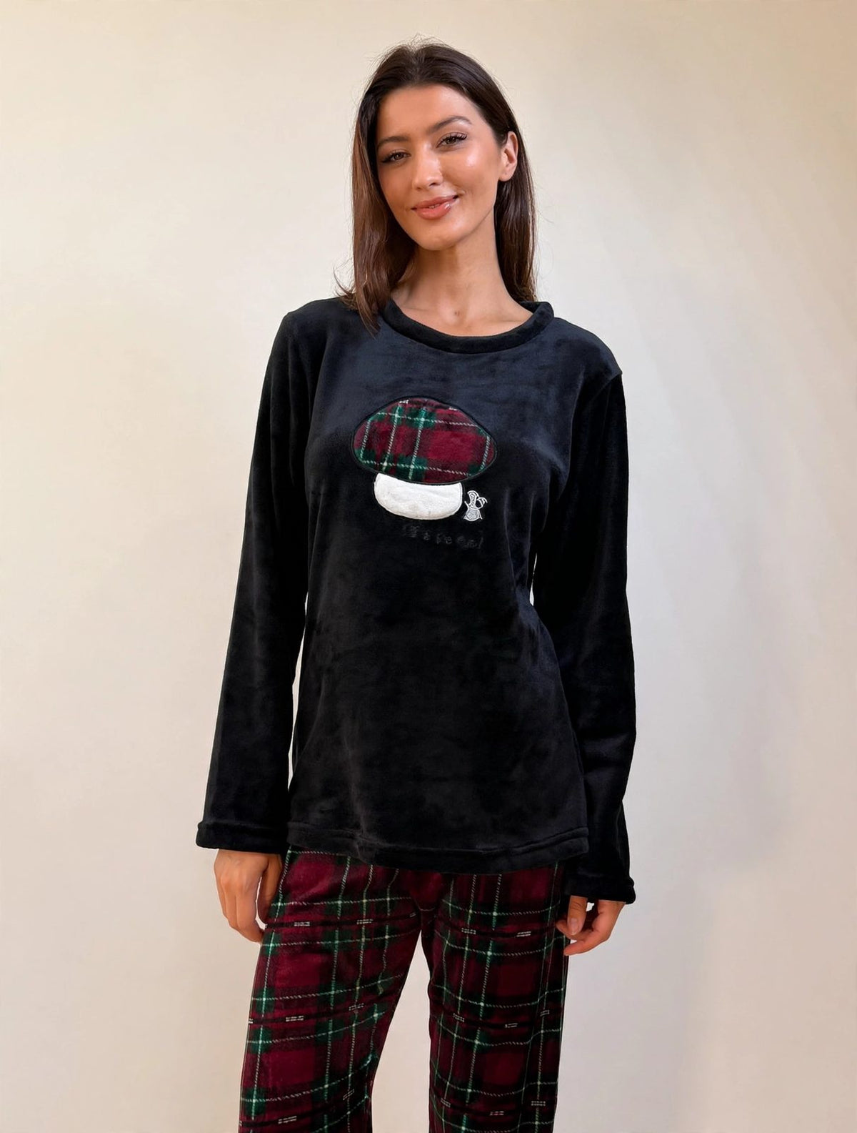 Women's Fleece Pullover Pajama Set – Green / Burgundy Plaid (AS03-2#)