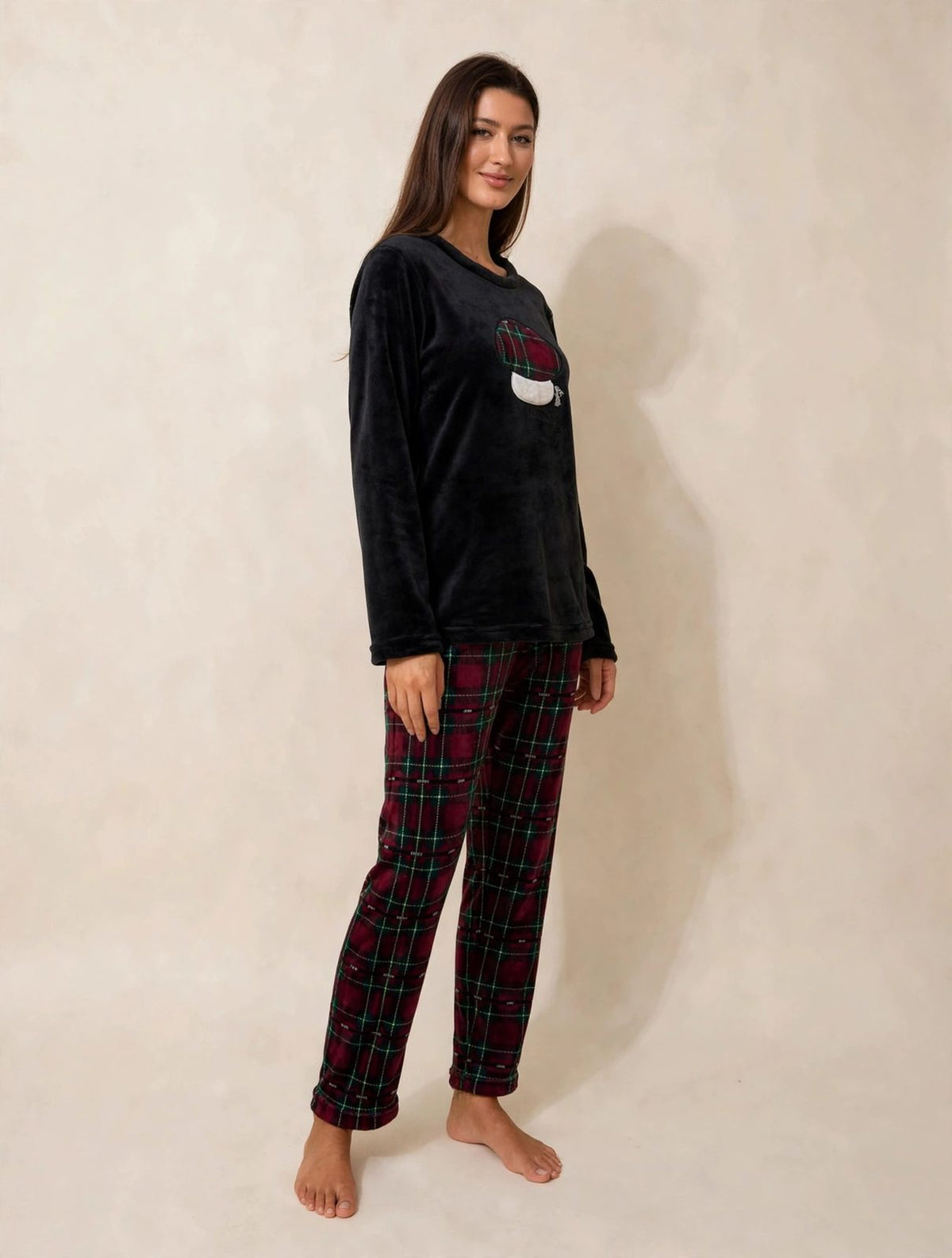 Women's Fleece Pullover Pajama Set – Green / Burgundy Plaid (AS03-2#)