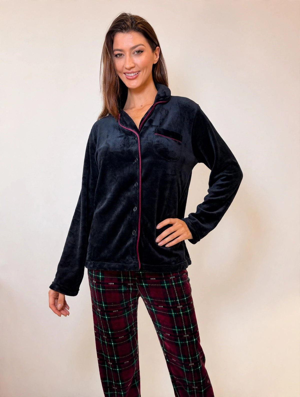 Women's Fleece Button-Up Pajama Set – Black & Red Plaid (AS03#)