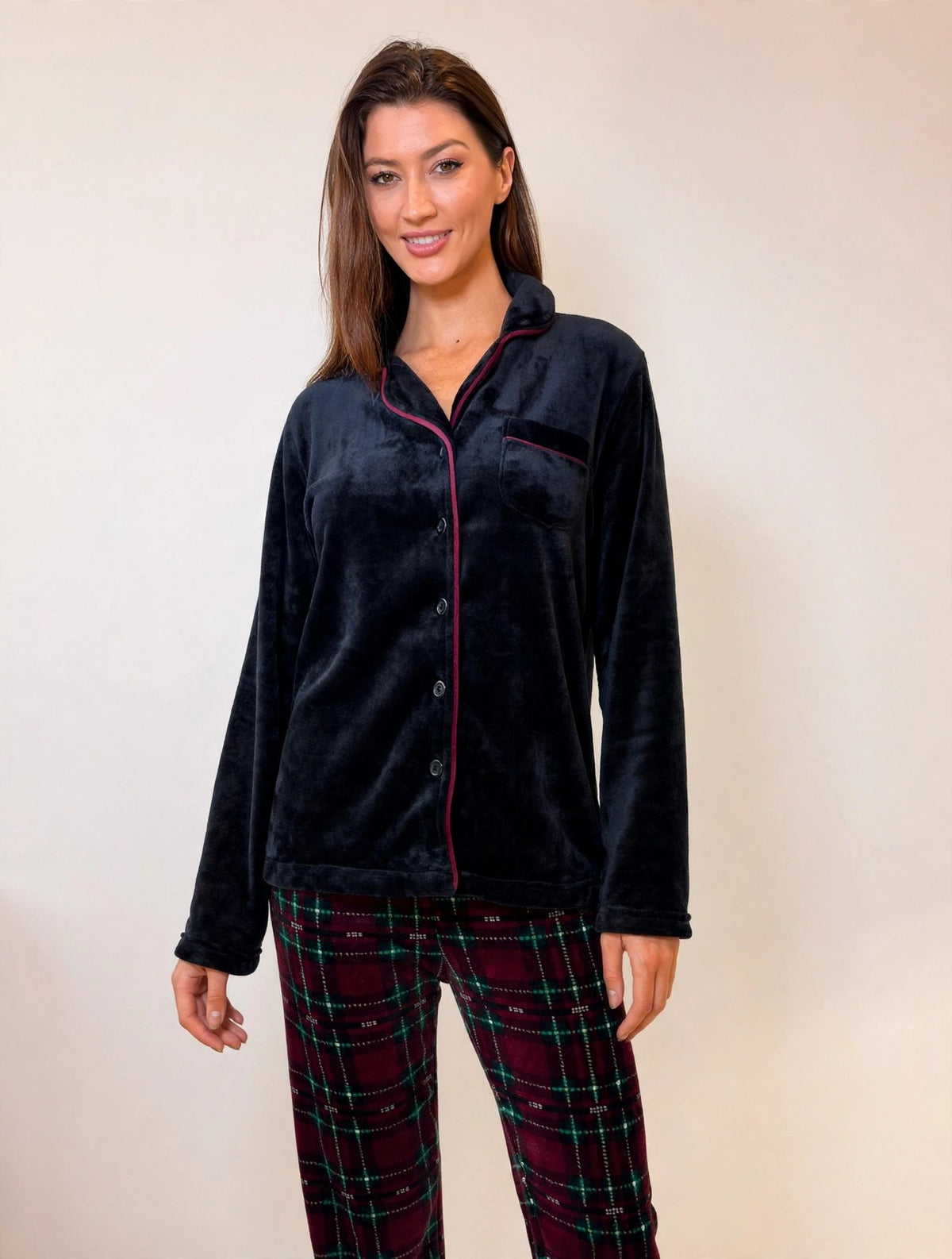 Women's Fleece Button-Up Pajama Set – Black & Red Plaid (AS03#)
