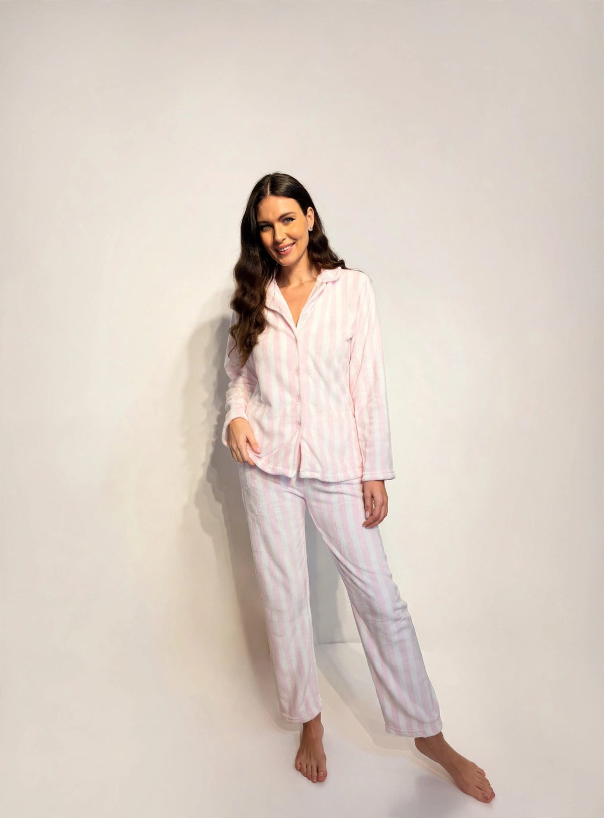 Women's Fleece Button-Up Pajama Set – Pink Stripe (AS04#)