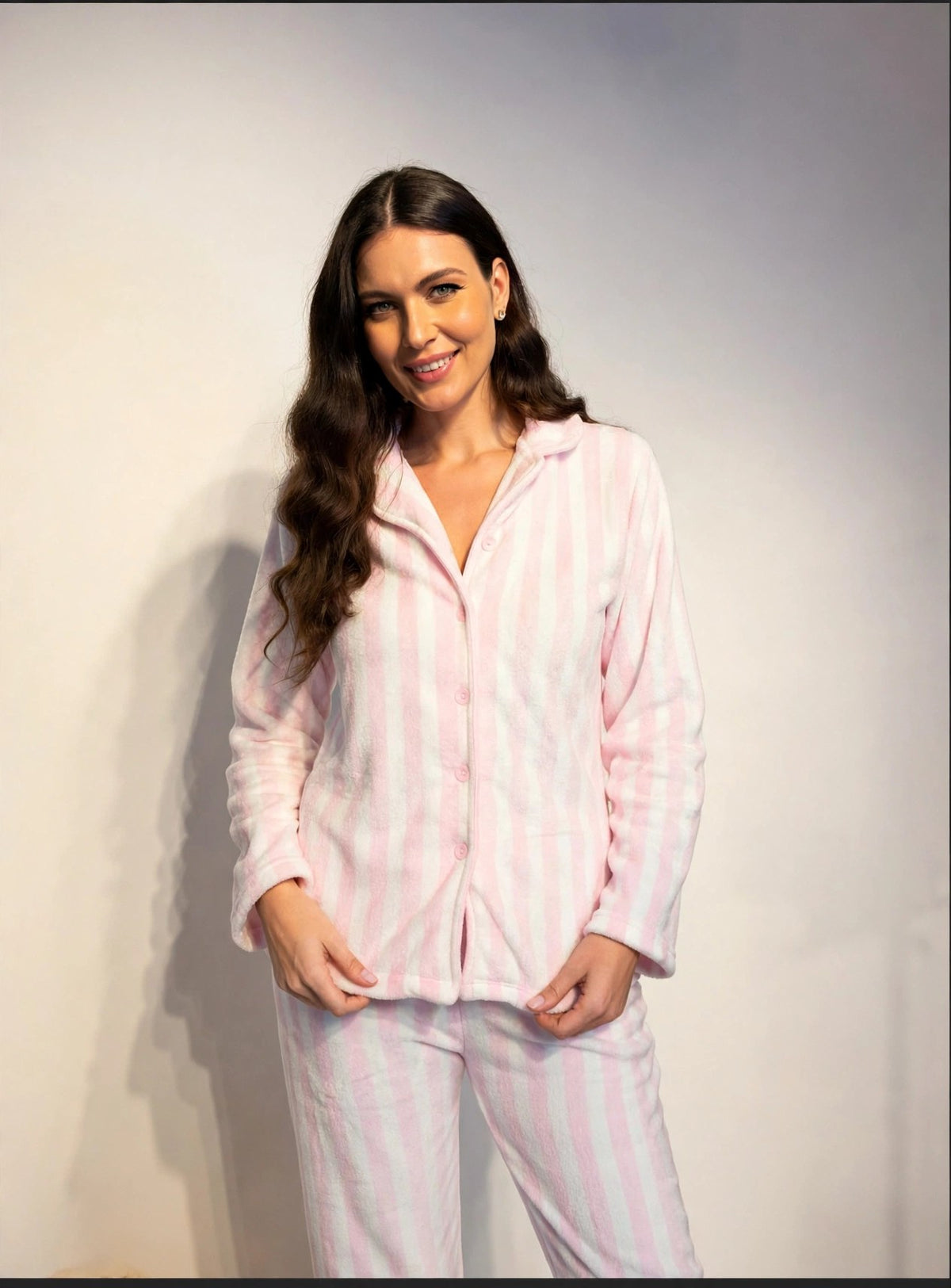 Women's Fleece Button-Up Pajama Set – Pink Stripe (AS04#)