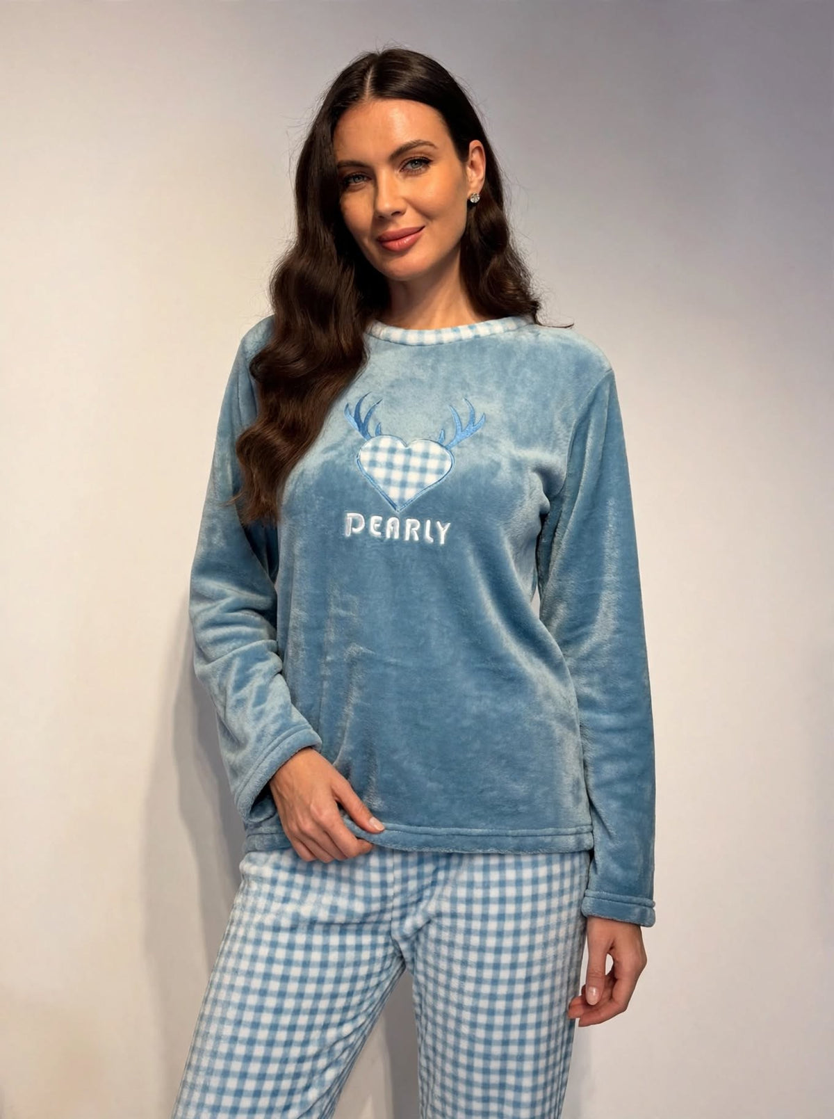 Women's Fleece Pullover Pajama Set – Blue / Pink (AS07-2#)