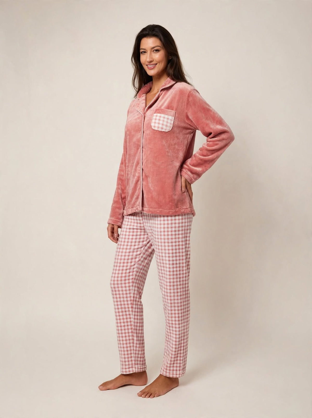 Women's Fleece Button-Up Pajama Set – Rose / Blue (AS07#)
