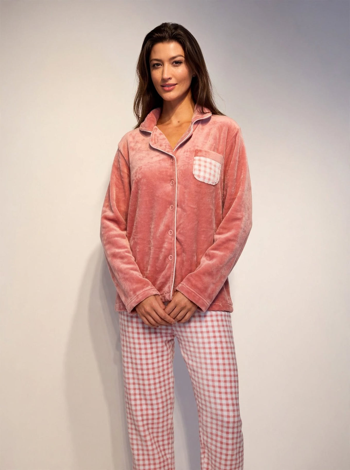 Women's Fleece Button-Up Pajama Set – Rose / Blue (AS07#)