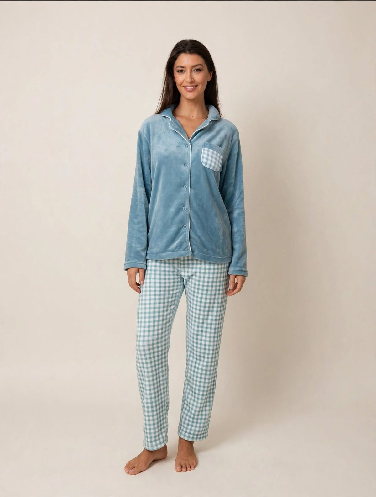 Women's Fleece Button-Up Pajama Set – Rose / Blue (AS07#)