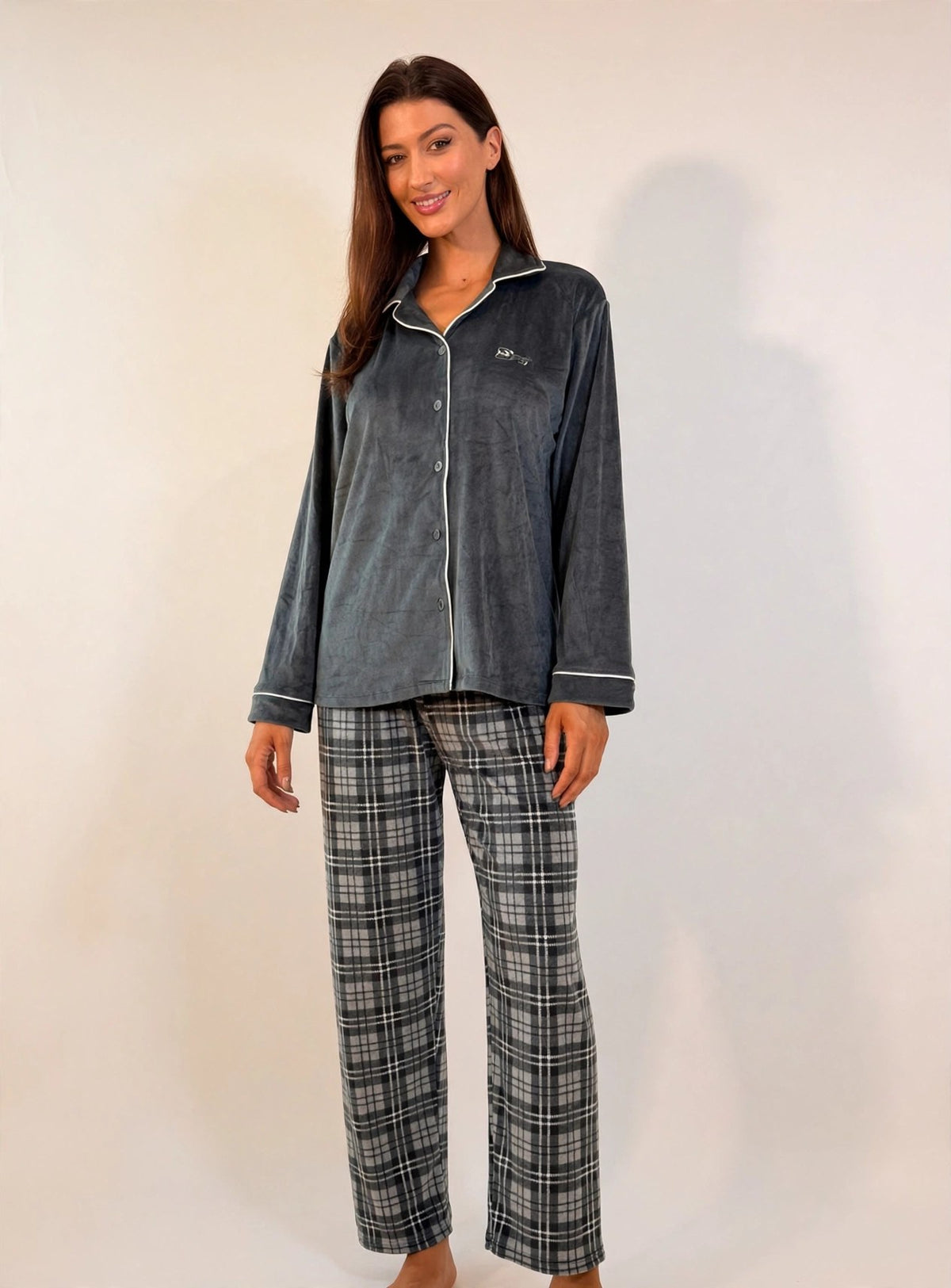 Women's Velvet Button-Up Pajama Set – Grey (AY03#)