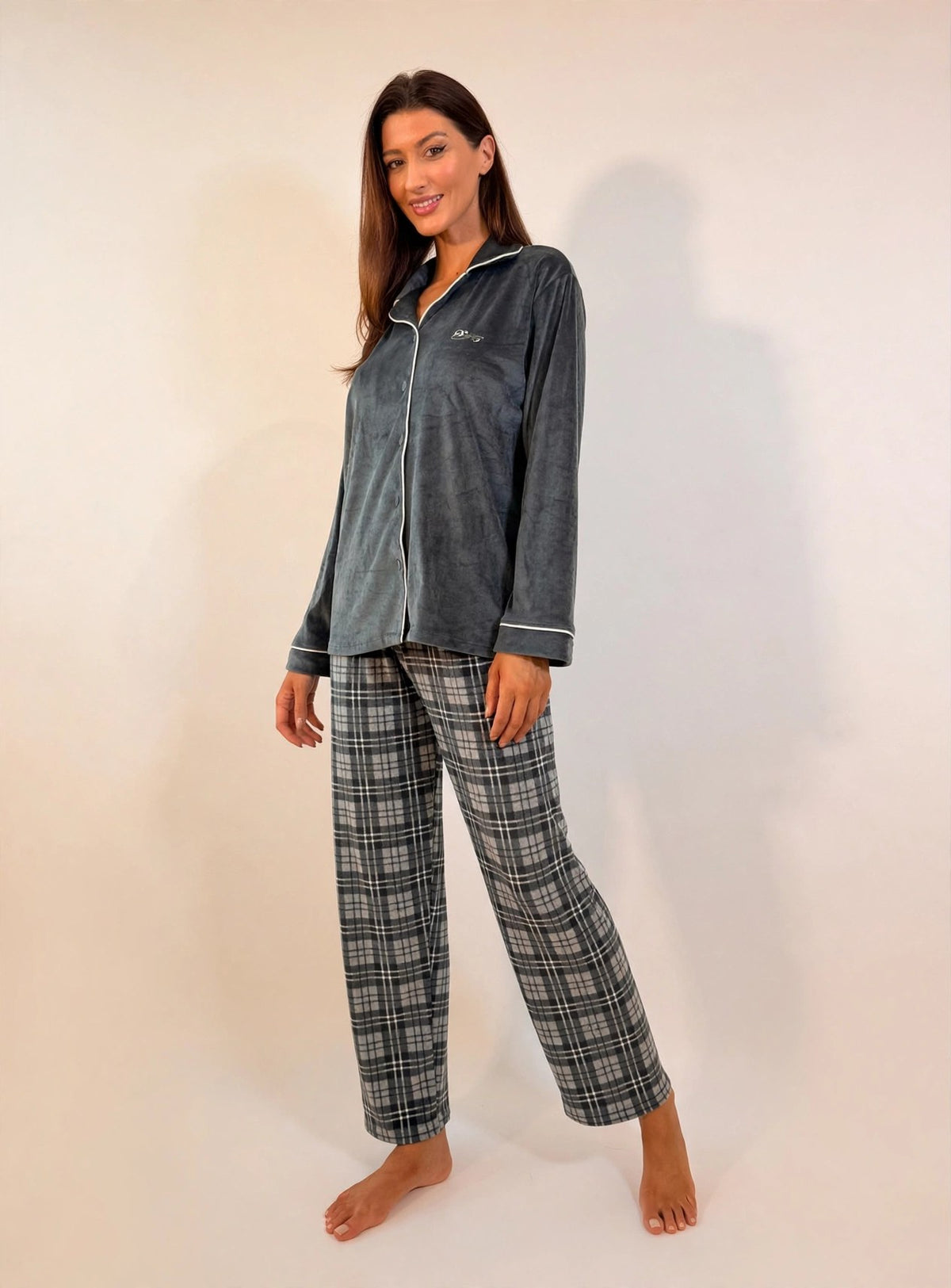 Women's Velvet Button-Up Pajama Set – Grey (AY03#)