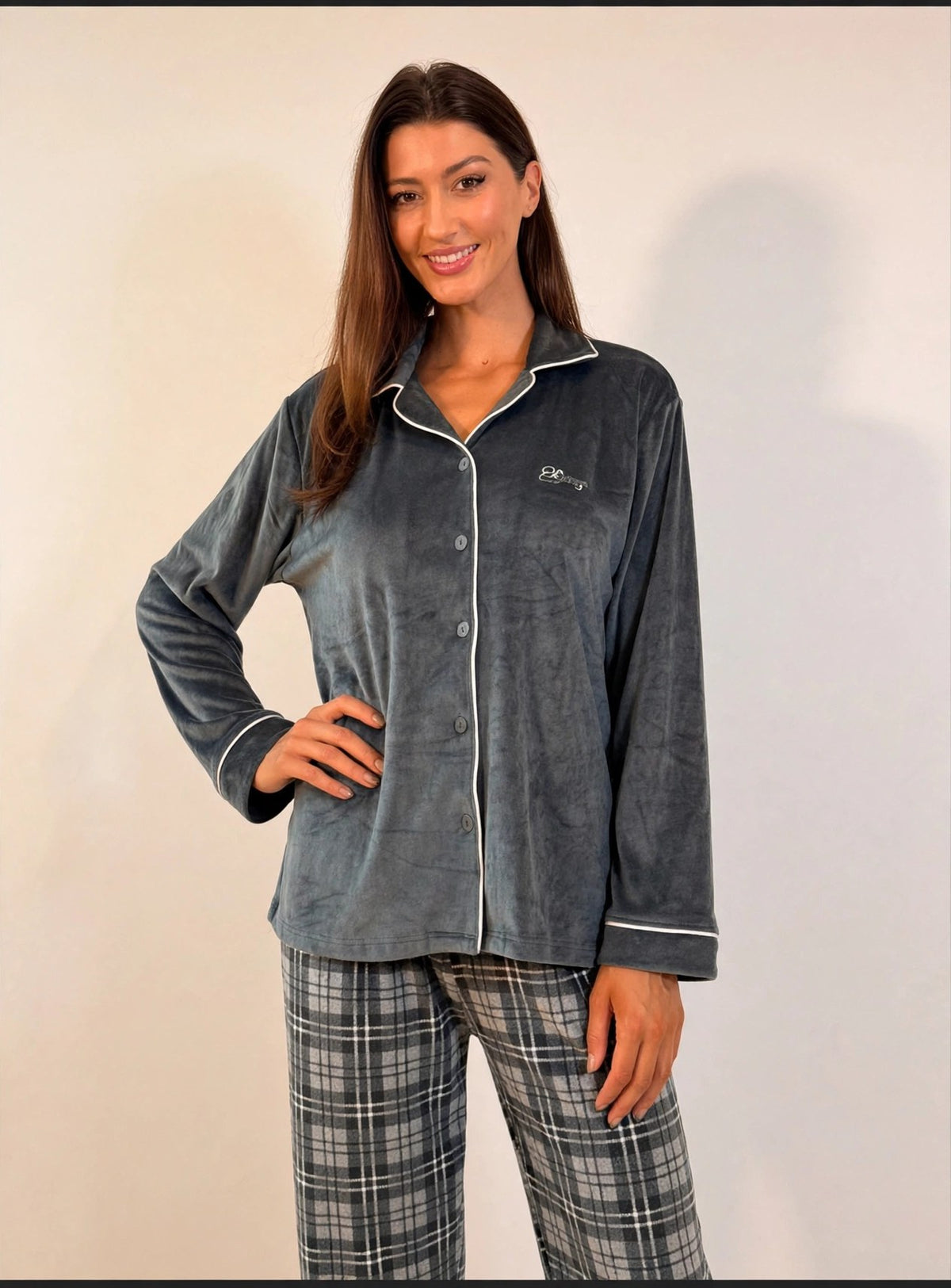 Women's Velvet Button-Up Pajama Set – Grey (AY03#)