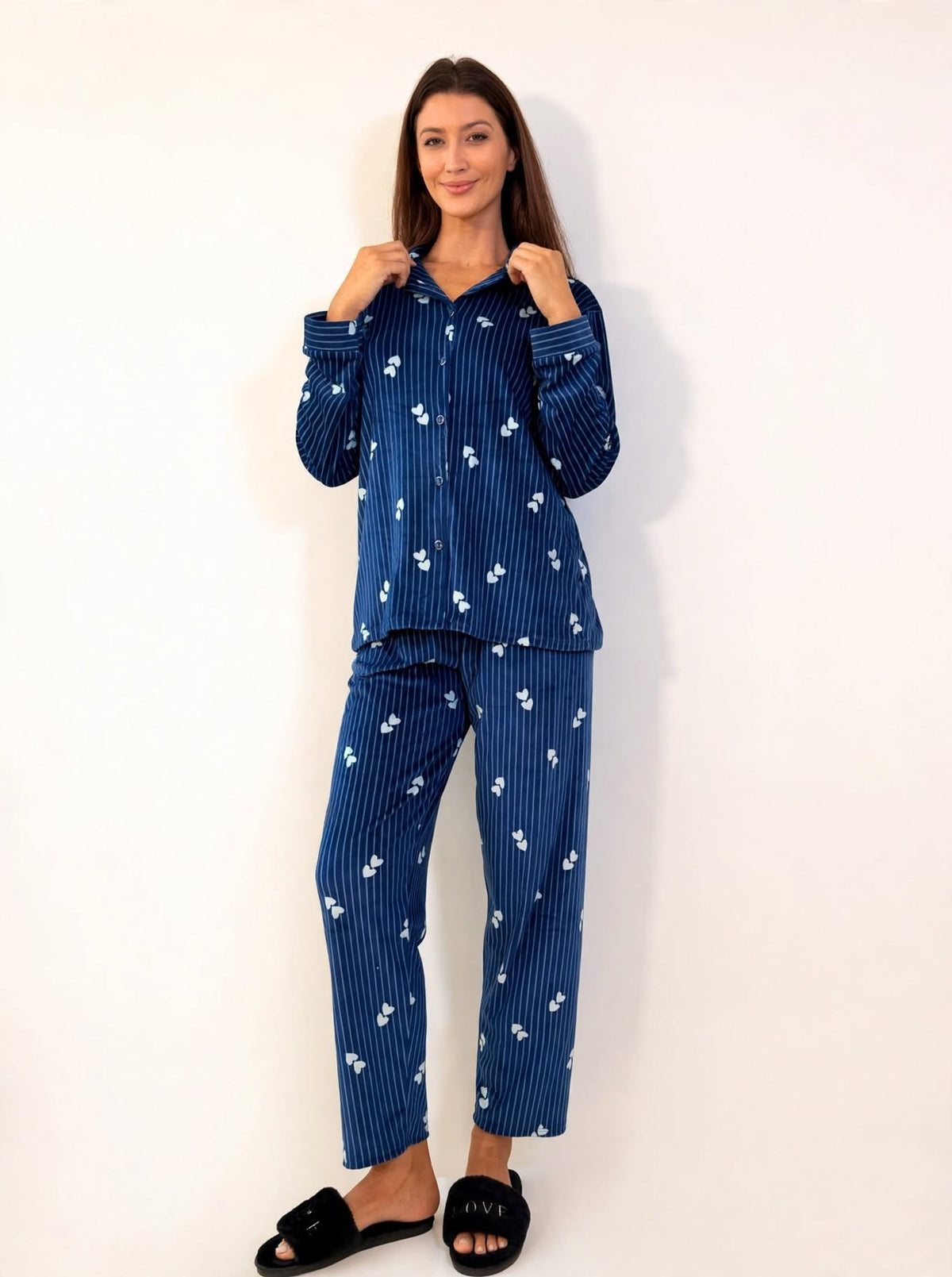Women's Velvet Button-Up Pajama Set – Navy (AY04#)