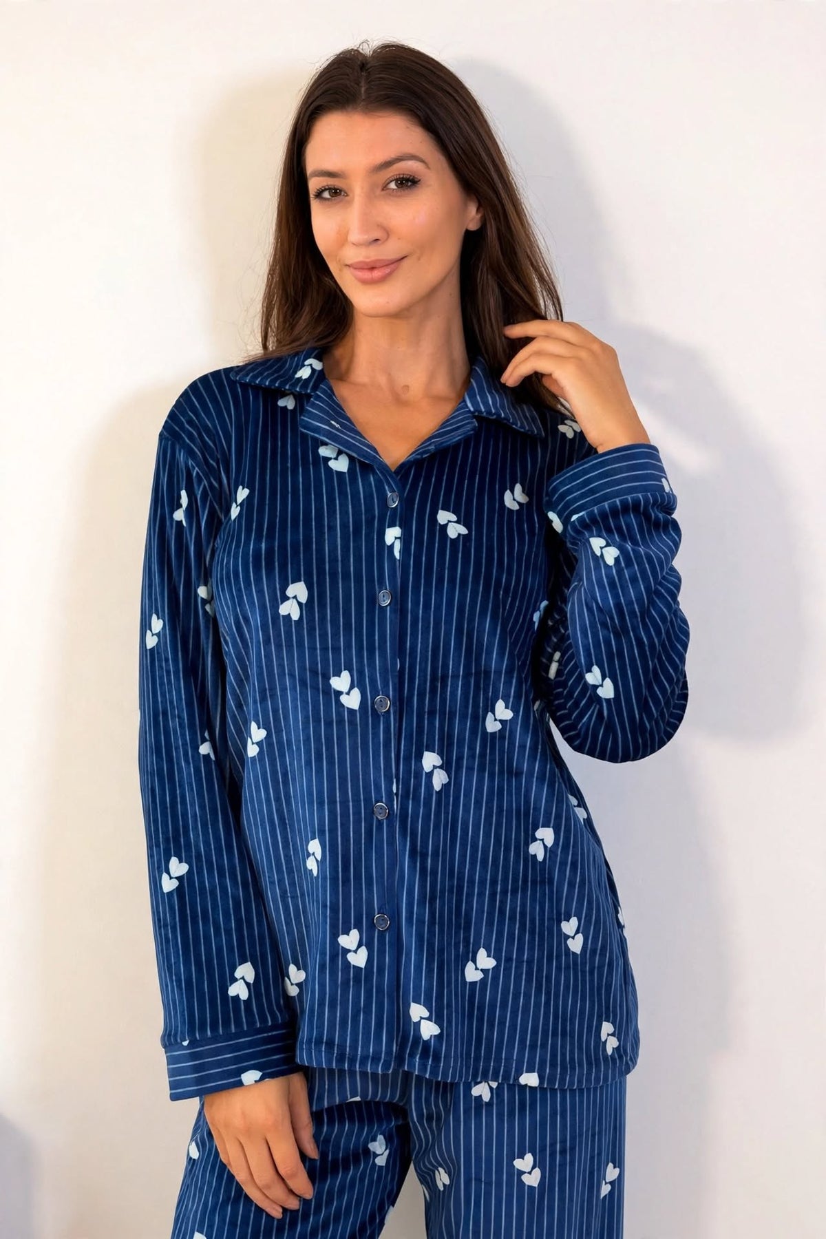 Women's Velvet Button-Up Pajama Set – Navy (AY04#)