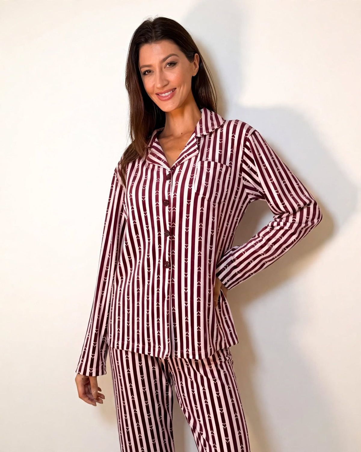 Women's Velvet Button-Up Pajama Set – Burgundy Stripe (AY05#)