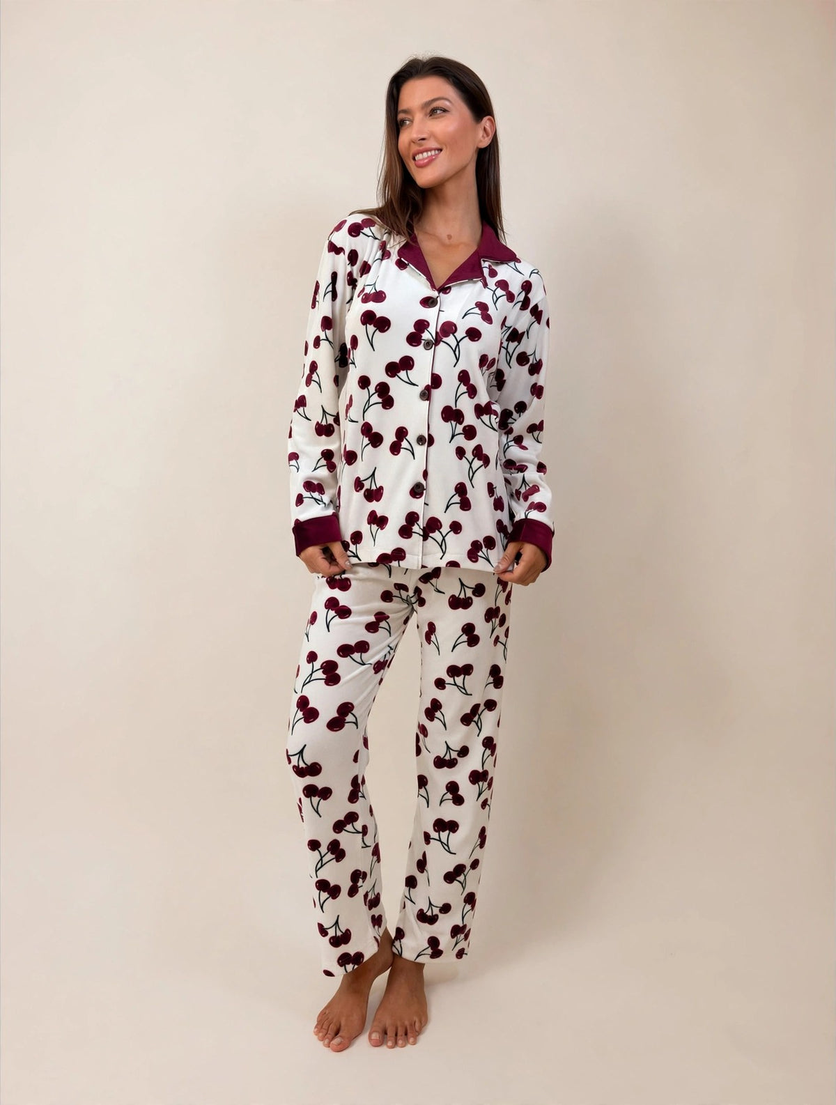 Women's Velvet Button-Up Pajama Set – Cherry (AY06#)