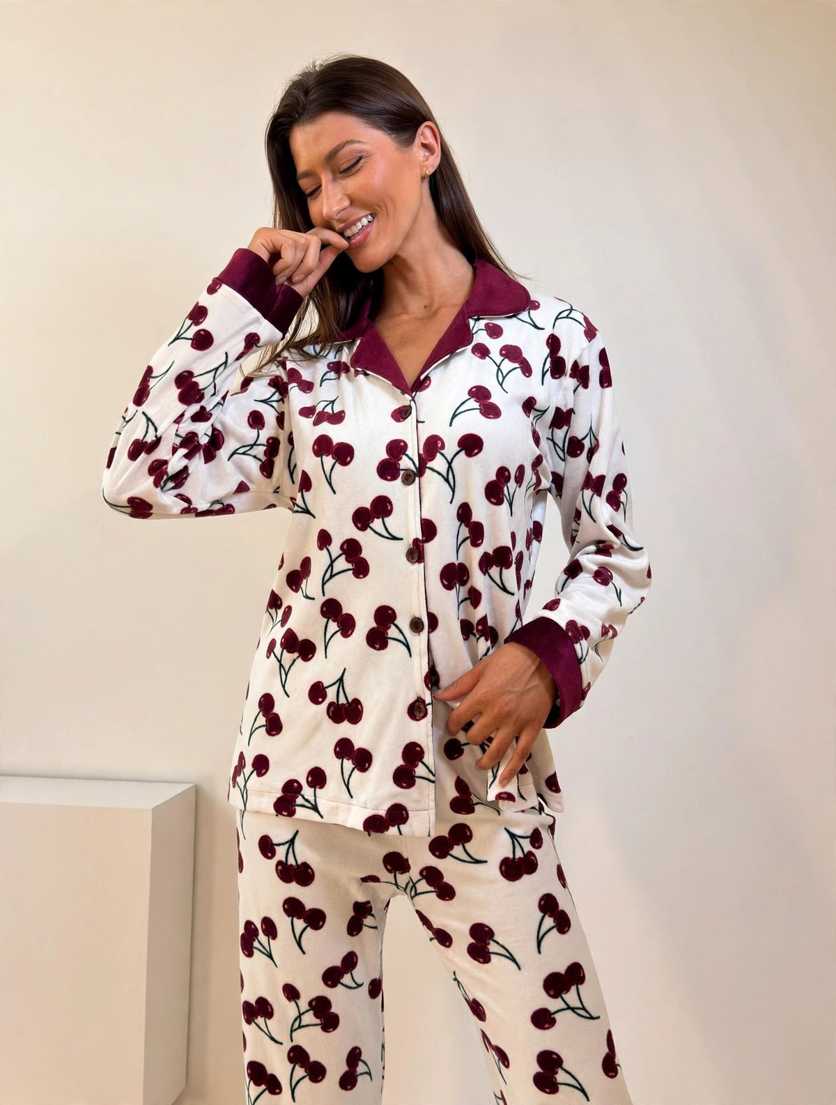 Women's Velvet Button-Up Pajama Set – Cherry (AY06#)