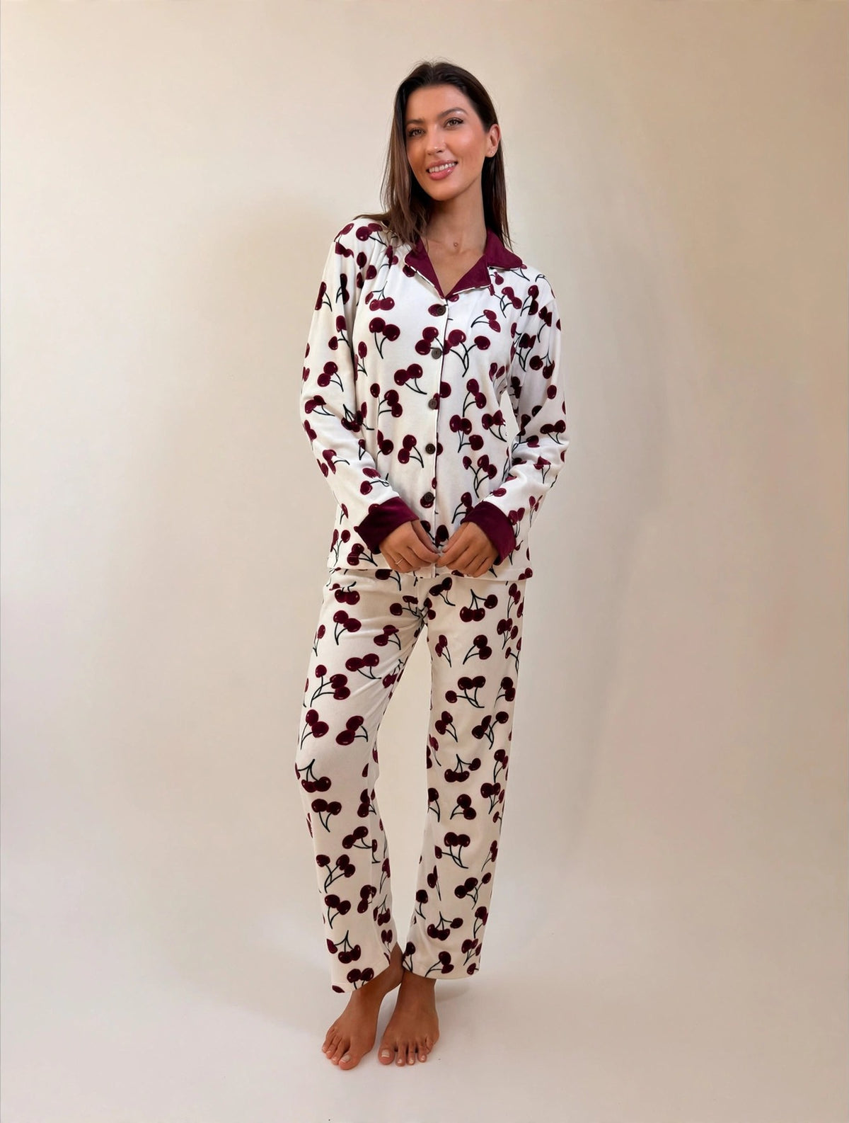 Women's Velvet Button-Up Pajama Set – Cherry (AY06#)