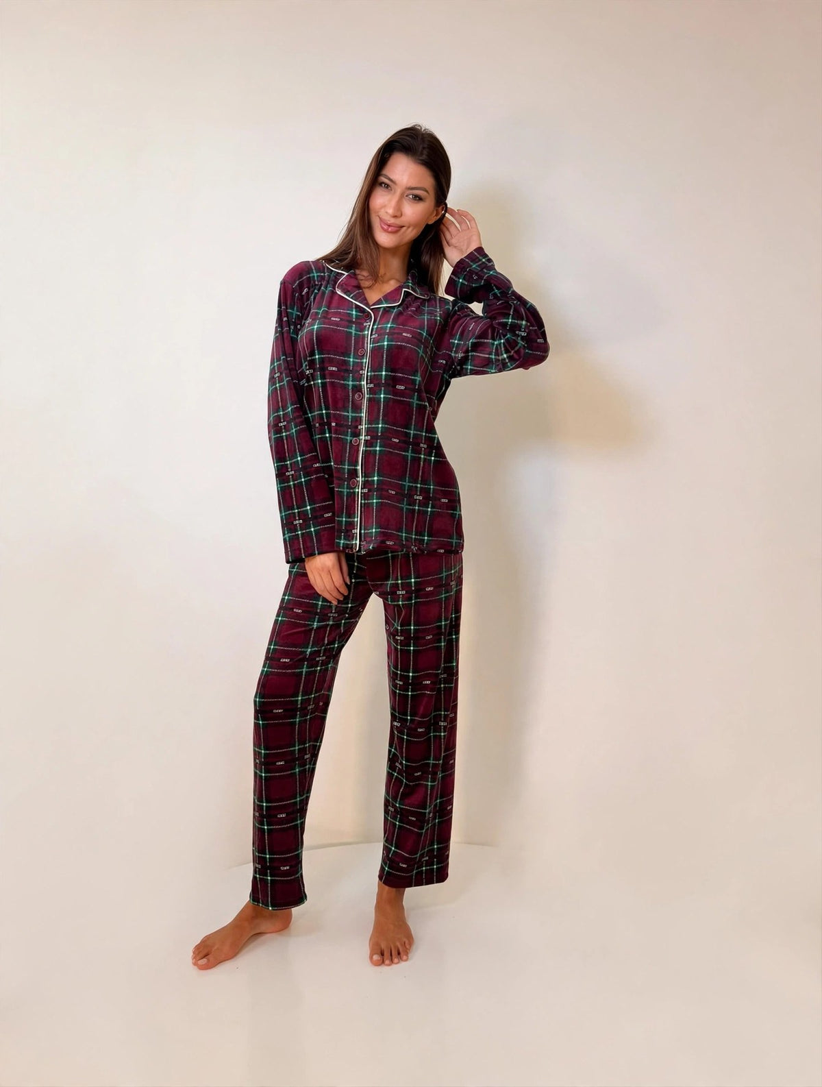 Women's Velvet Button-Up Pajama Set – Burgundy / Green Plaid (AY08-1#)