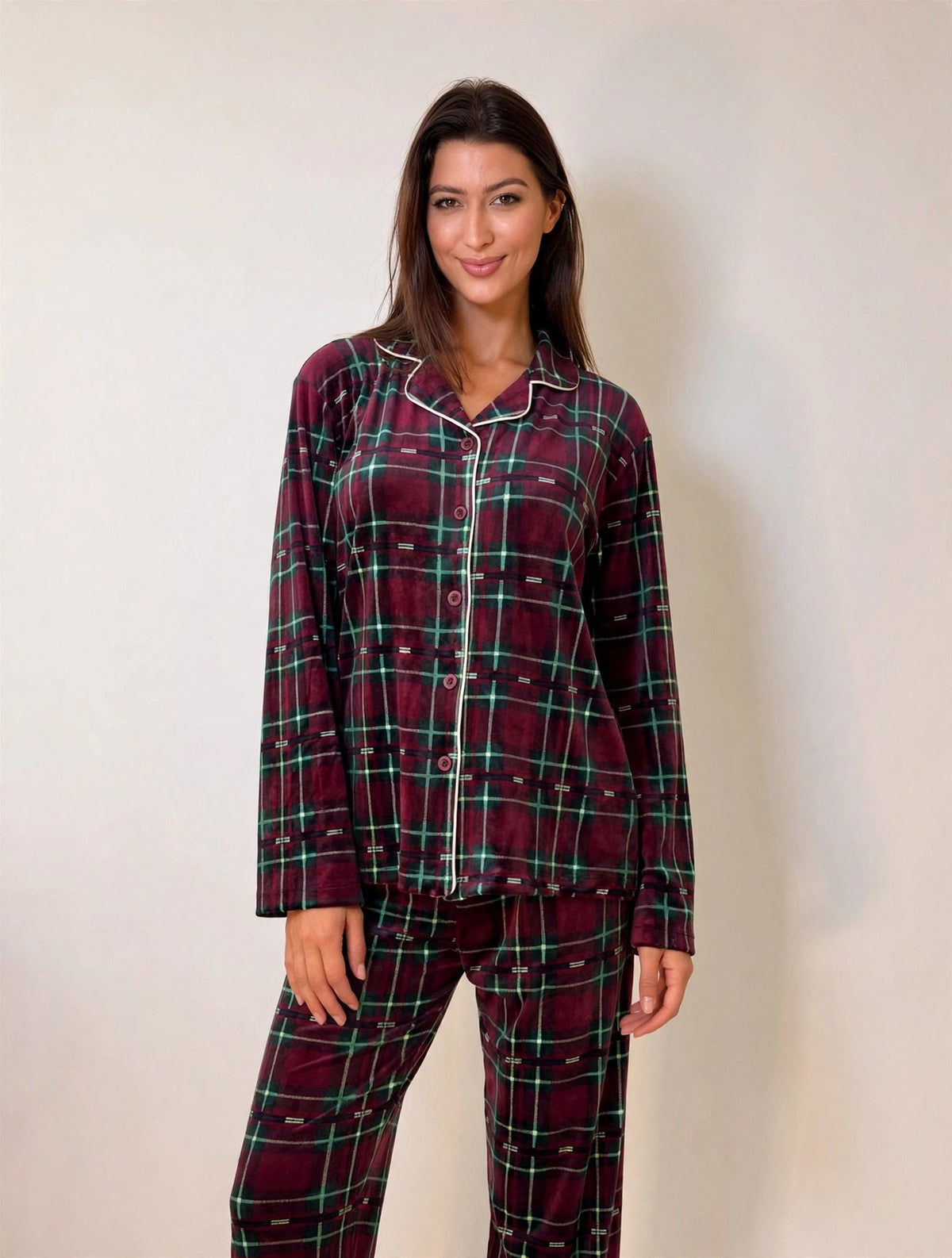 Women's Velvet Button-Up Pajama Set – Burgundy / Green Plaid (AY08-1#)