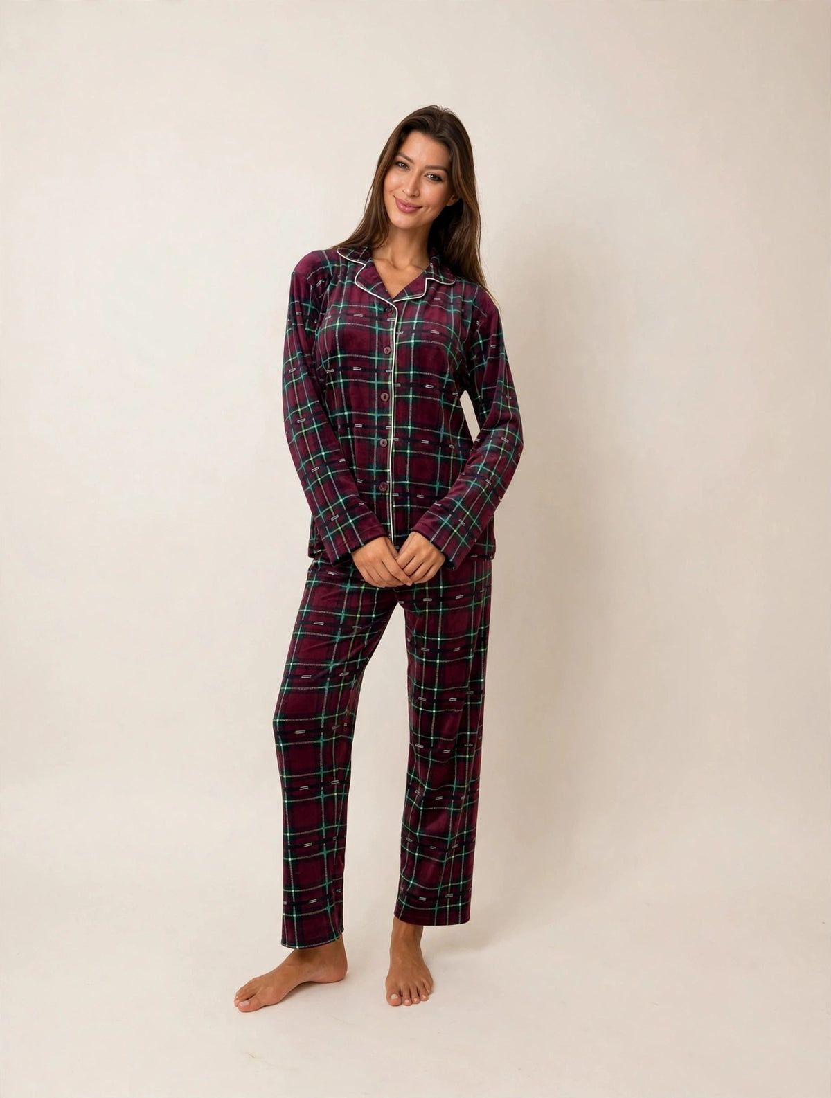 Women's Velvet Button-Up Pajama Set – Burgundy / Green Plaid (AY08-1#)