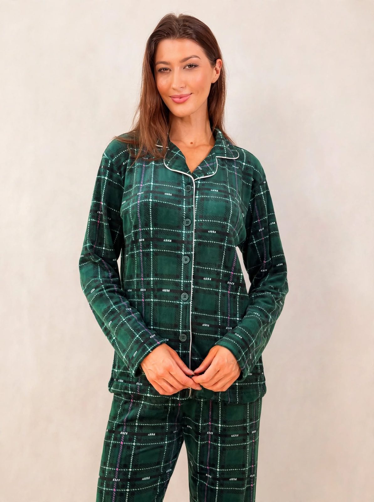 Women's Velvet Button-Up Pajama Set – Burgundy / Green Plaid (AY08-1#)