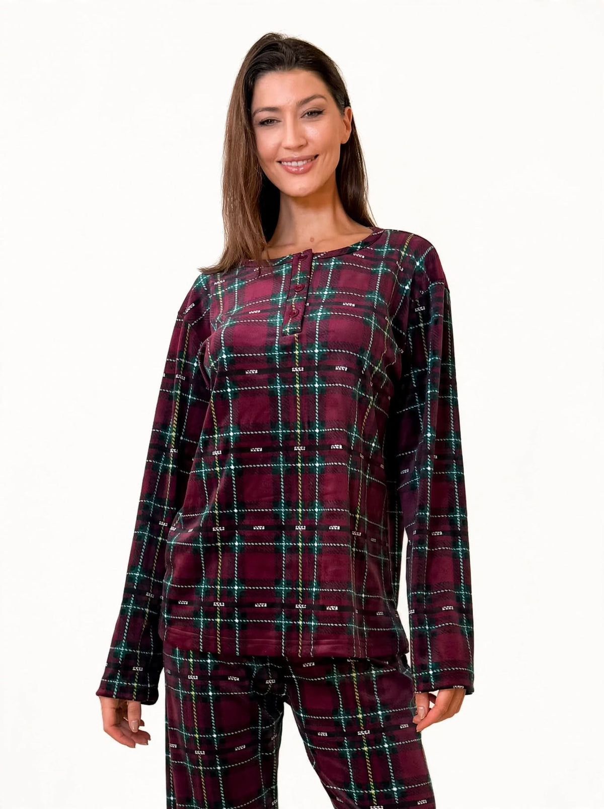 Women's Velvet Pullover Pajama Set – Burgundy / Green Plaid (AY08-4#)