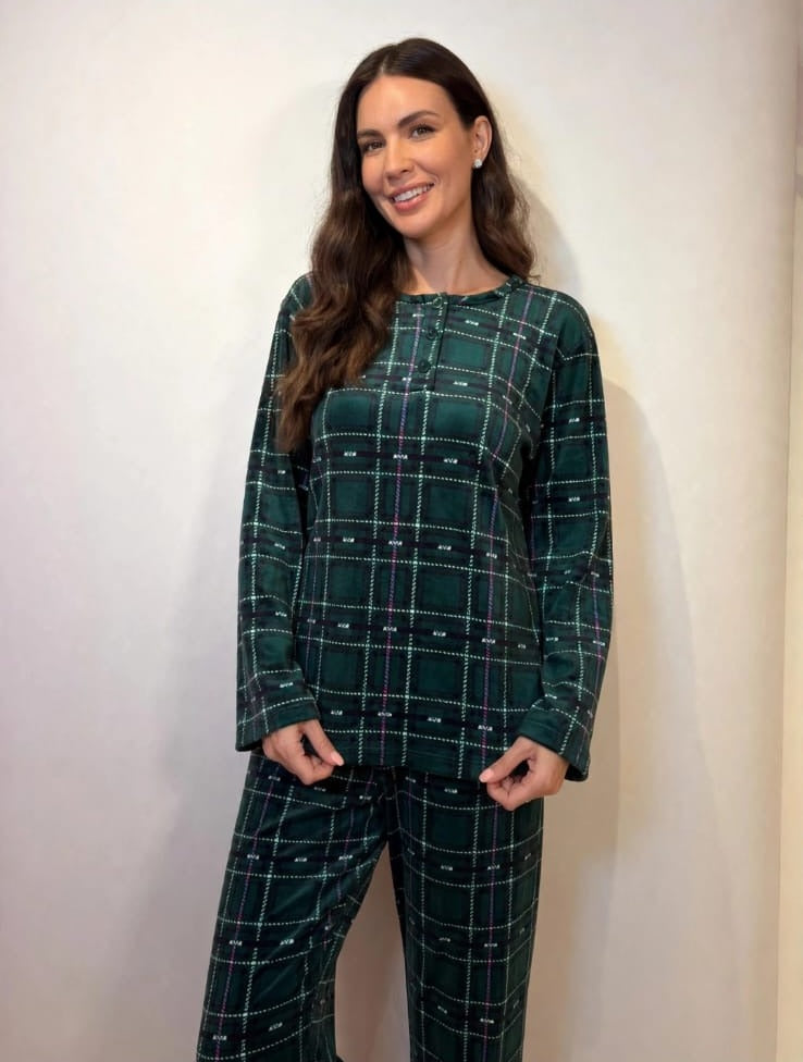 AY08-4# green plaid velvet henley pajama set
