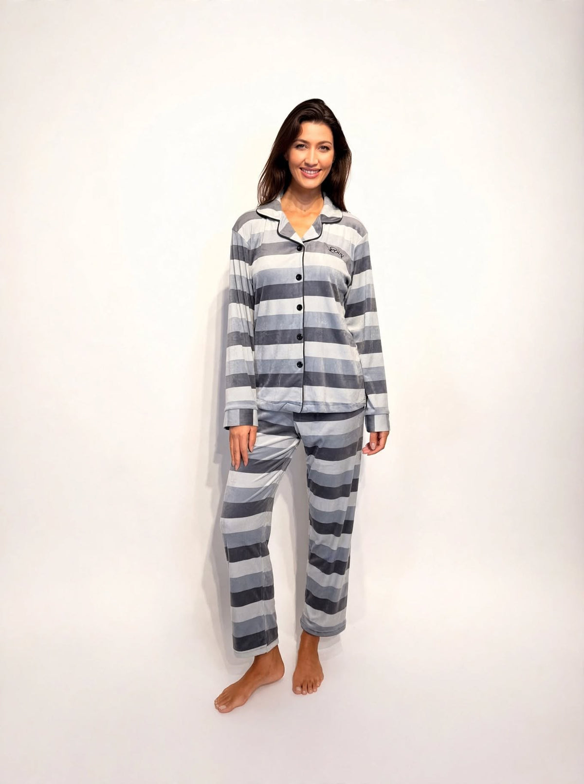 Women's Velvet Button-Up Pajama Set – Grey Stripe (AY10-4#)