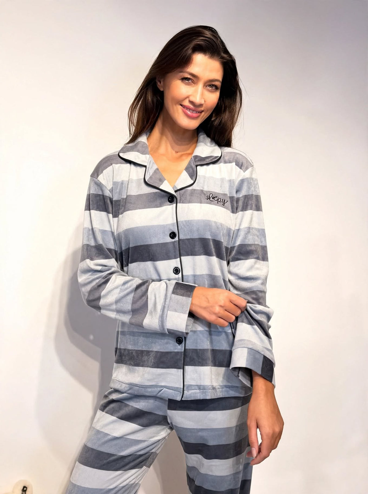 Women's Velvet Button-Up Pajama Set – Grey Stripe (AY10-4#)