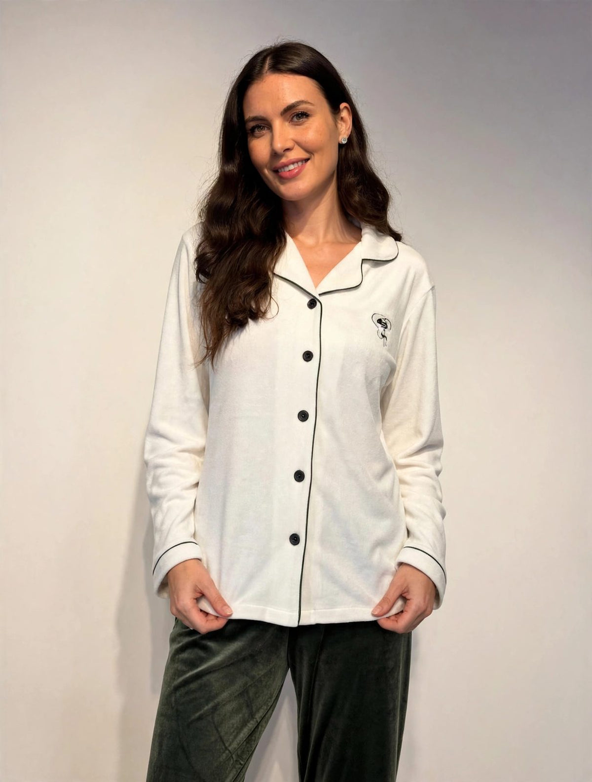 Women's Plus Size Velvet Button-Up Pajama Set – White & Olive (AY12-1#)