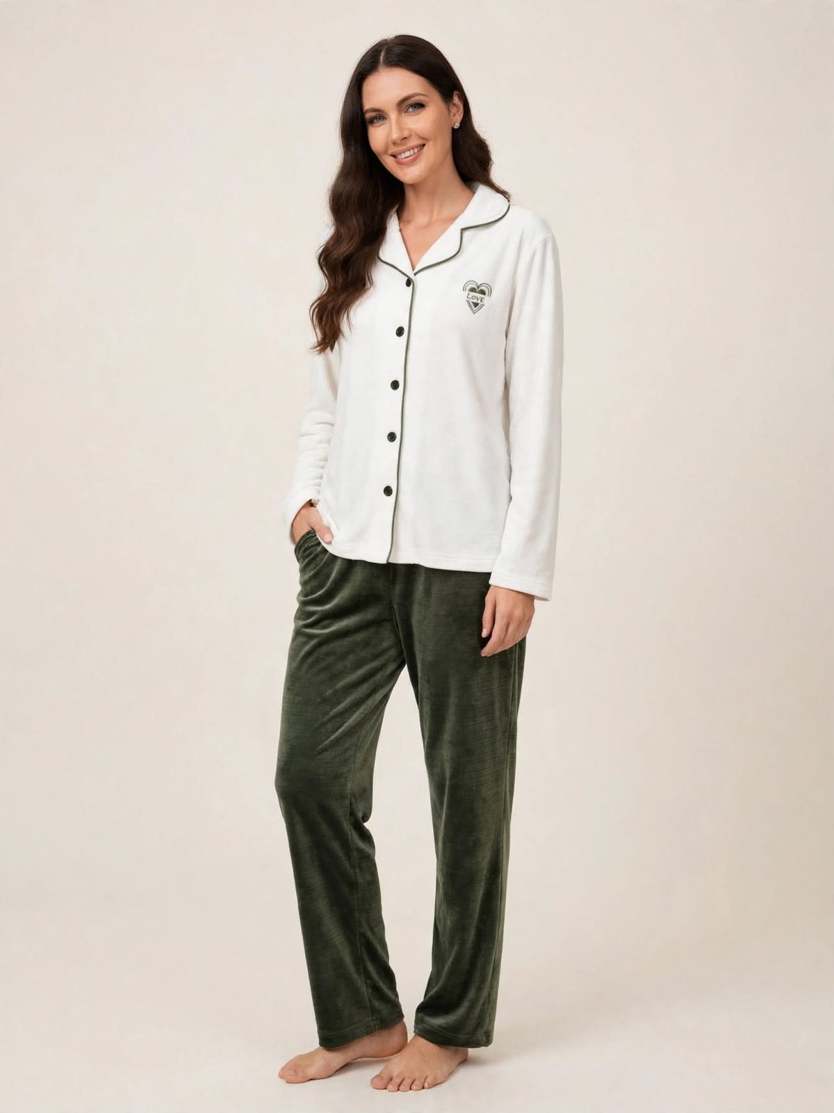 Women's Plus Size Velvet Button-Up Pajama Set – White & Olive (AY12-1#)