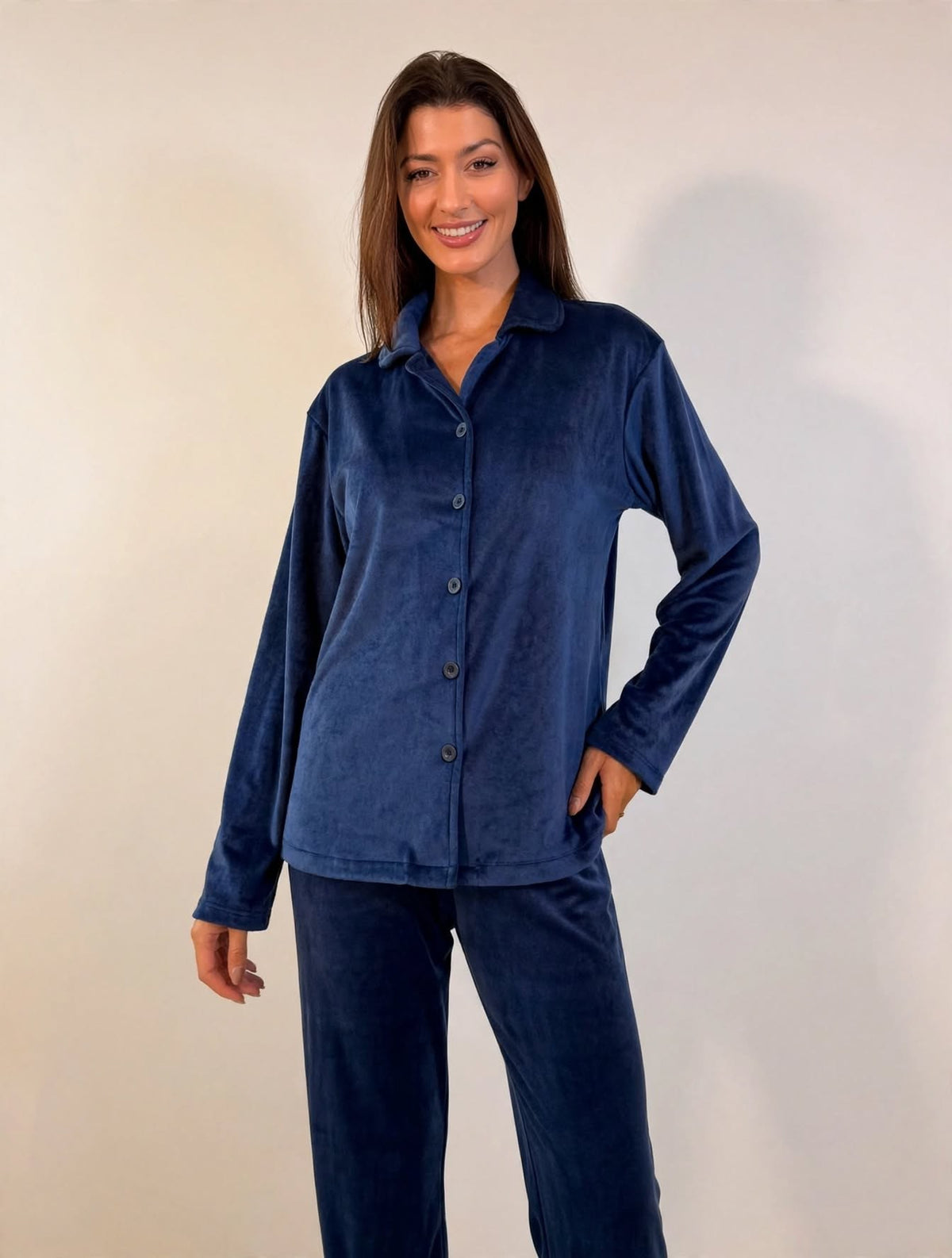 Women's Velvet Button-Up Pajama Set – Mauve / Navy (AY14#)