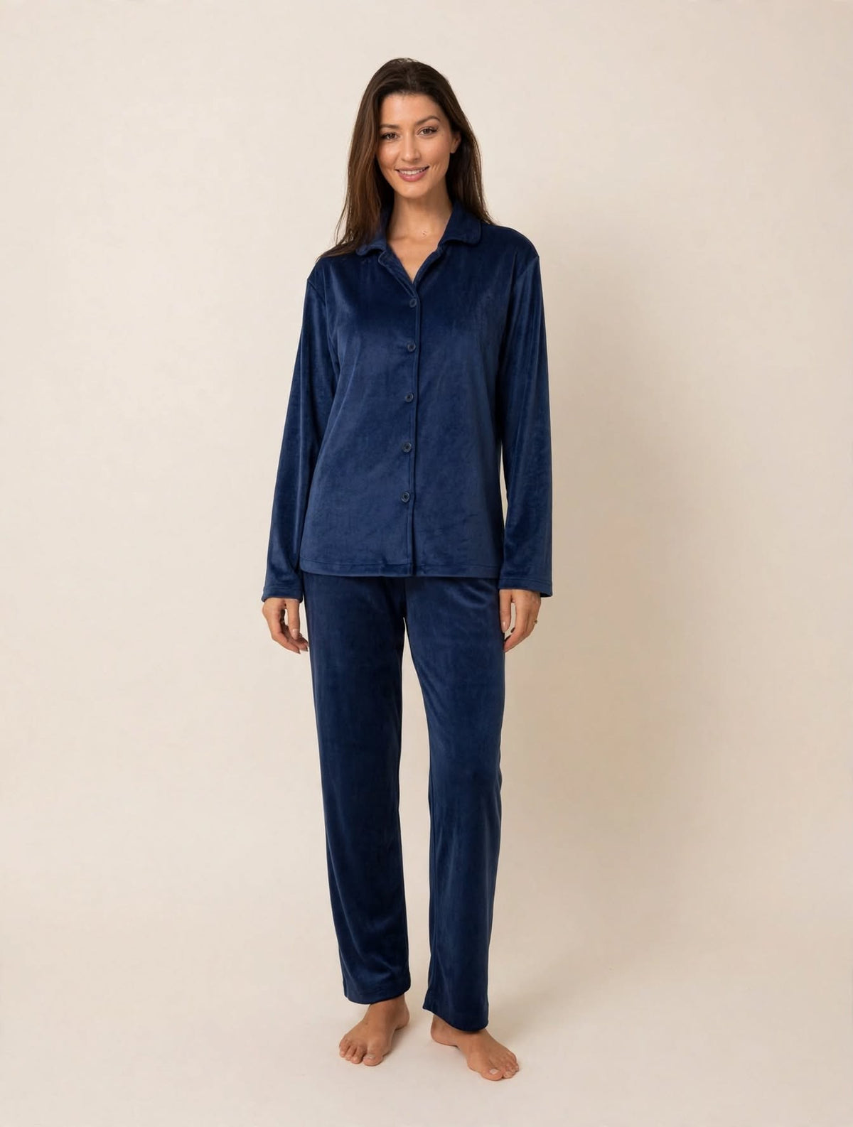 Women's Velvet Button-Up Pajama Set – Mauve / Navy (AY14#)