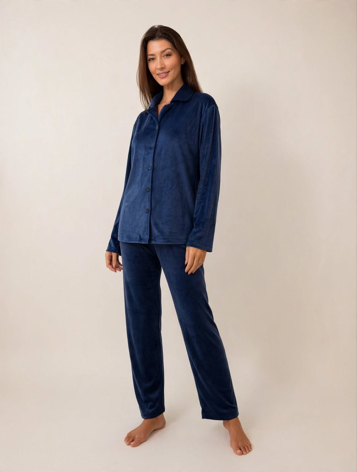 Women's Velvet Button-Up Pajama Set – Mauve / Navy (AY14#)