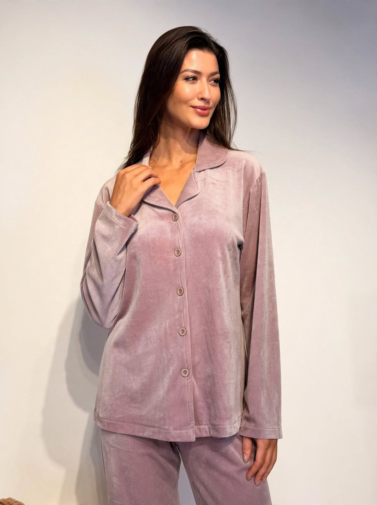 Women's Velvet Button-Up Pajama Set – Mauve / Navy (AY14#)