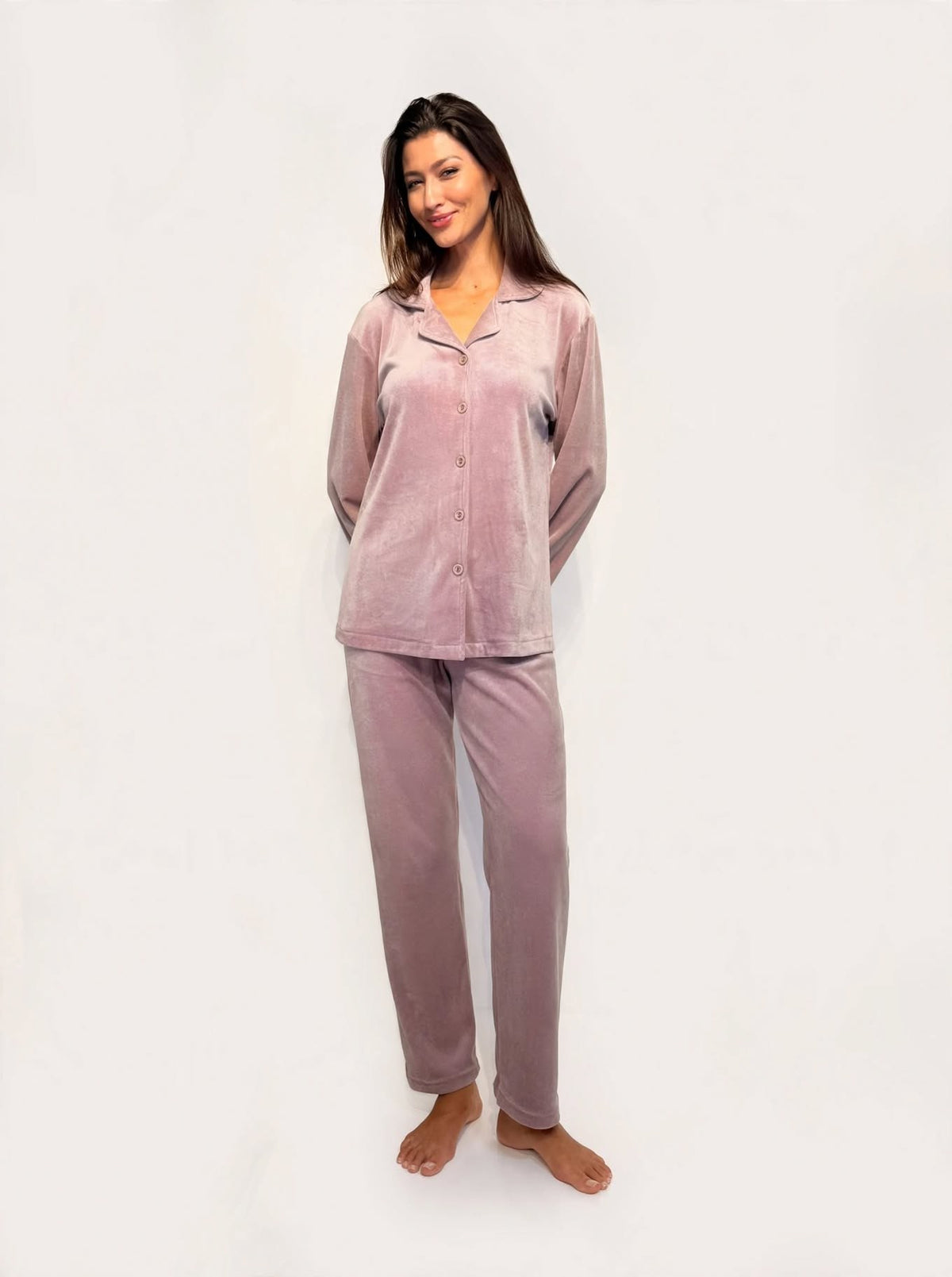 Women's Velvet Button-Up Pajama Set – Mauve / Navy (AY14#)