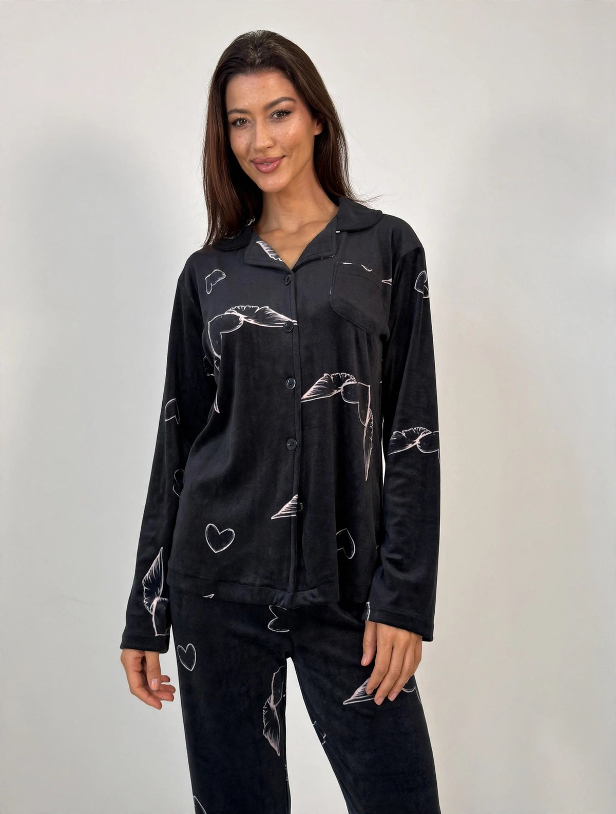 Women's Velvet Button-Up Pajama Set – Black (AY17#)