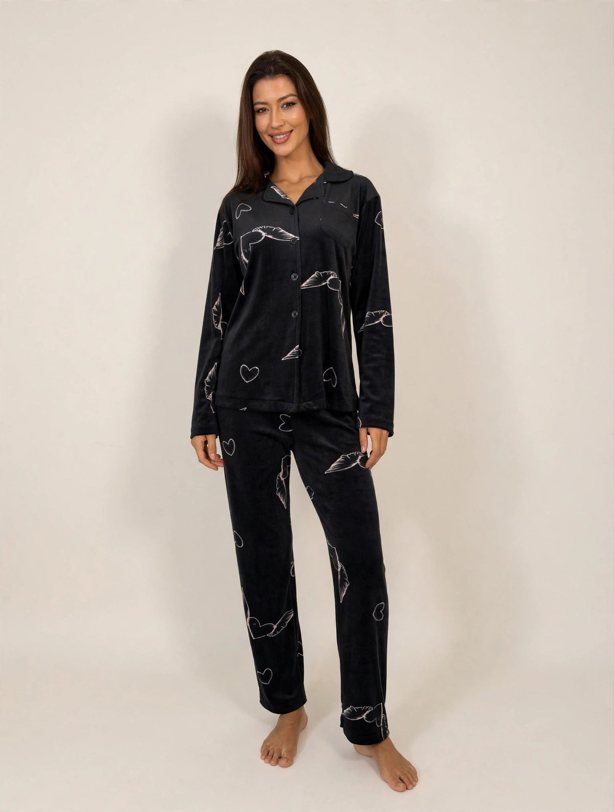 Women's Velvet Button-Up Pajama Set – Black (AY17#)