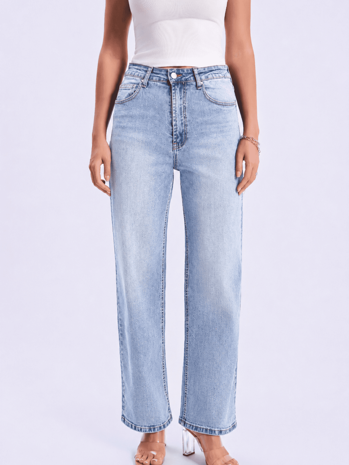 High waist TRF wide leg jeans in bleached blue denim view#Color_Bleached Blue DENIM
