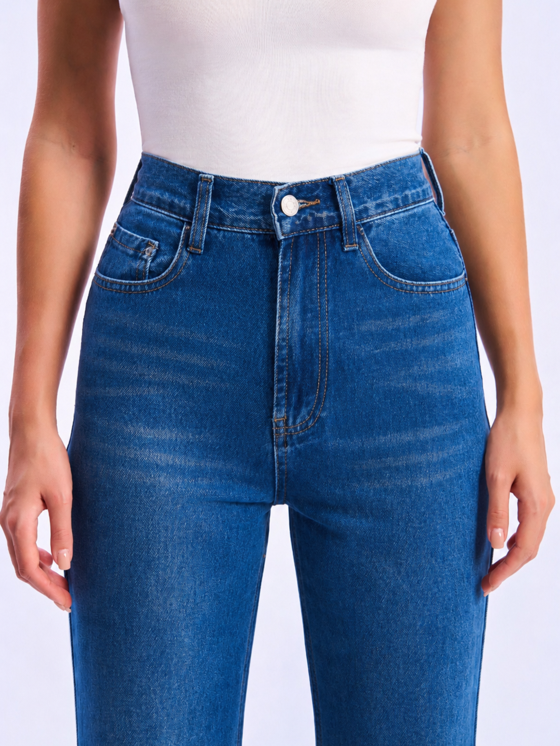 Elegant high waist bootcut flare jeans in medium blue denim view#Color_MEDIUM BLUE DENIM