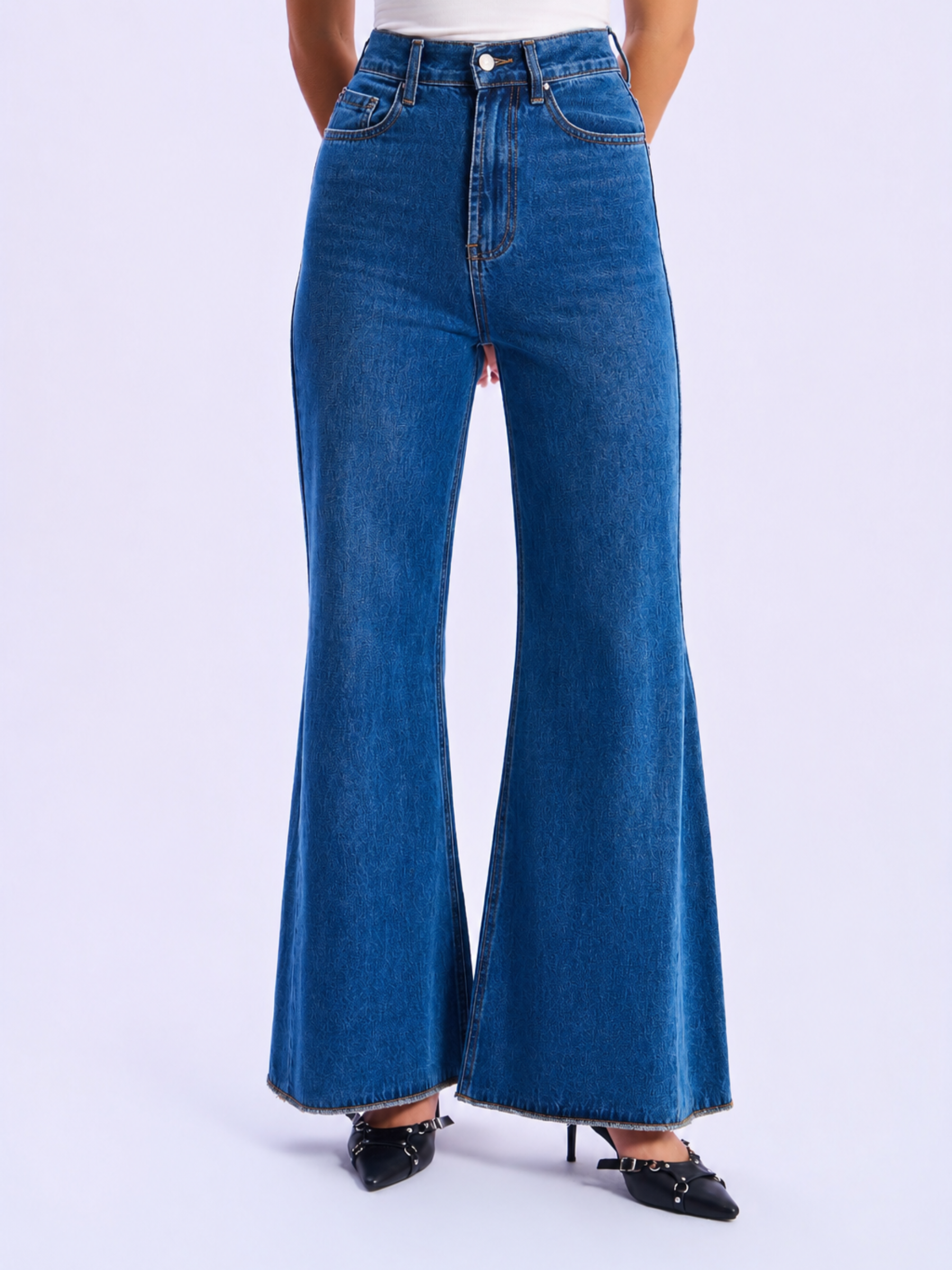 Elegant high waist bootcut flare jeans in medium blue denim view#Color_MEDIUM BLUE DENIM